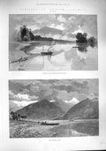 Original Old Antique Print 1887 British Columbia Kootenay Lake River Mountains