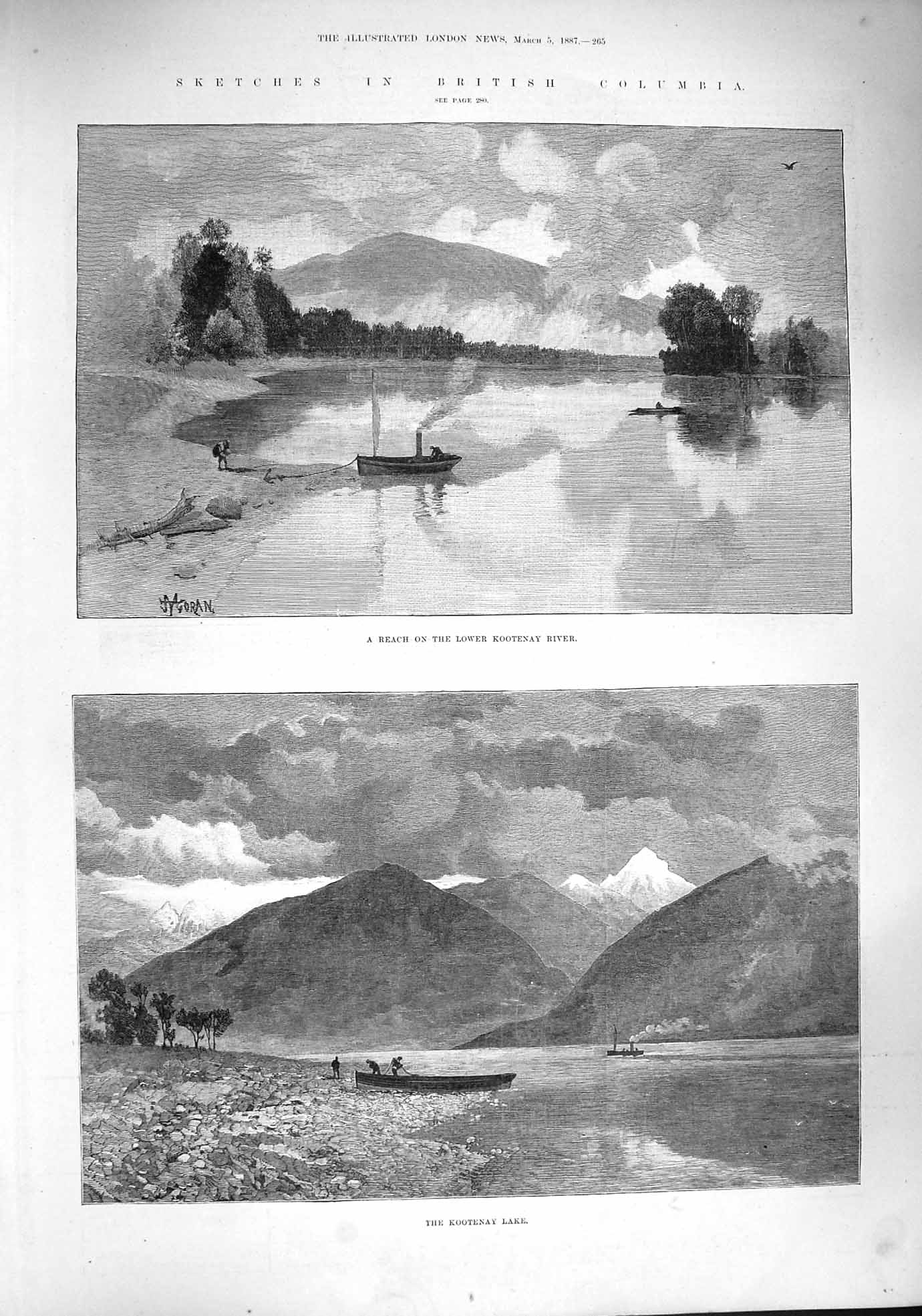 Original Old Antique Print 1887 British Columbia Kootenay Lake River Mountains