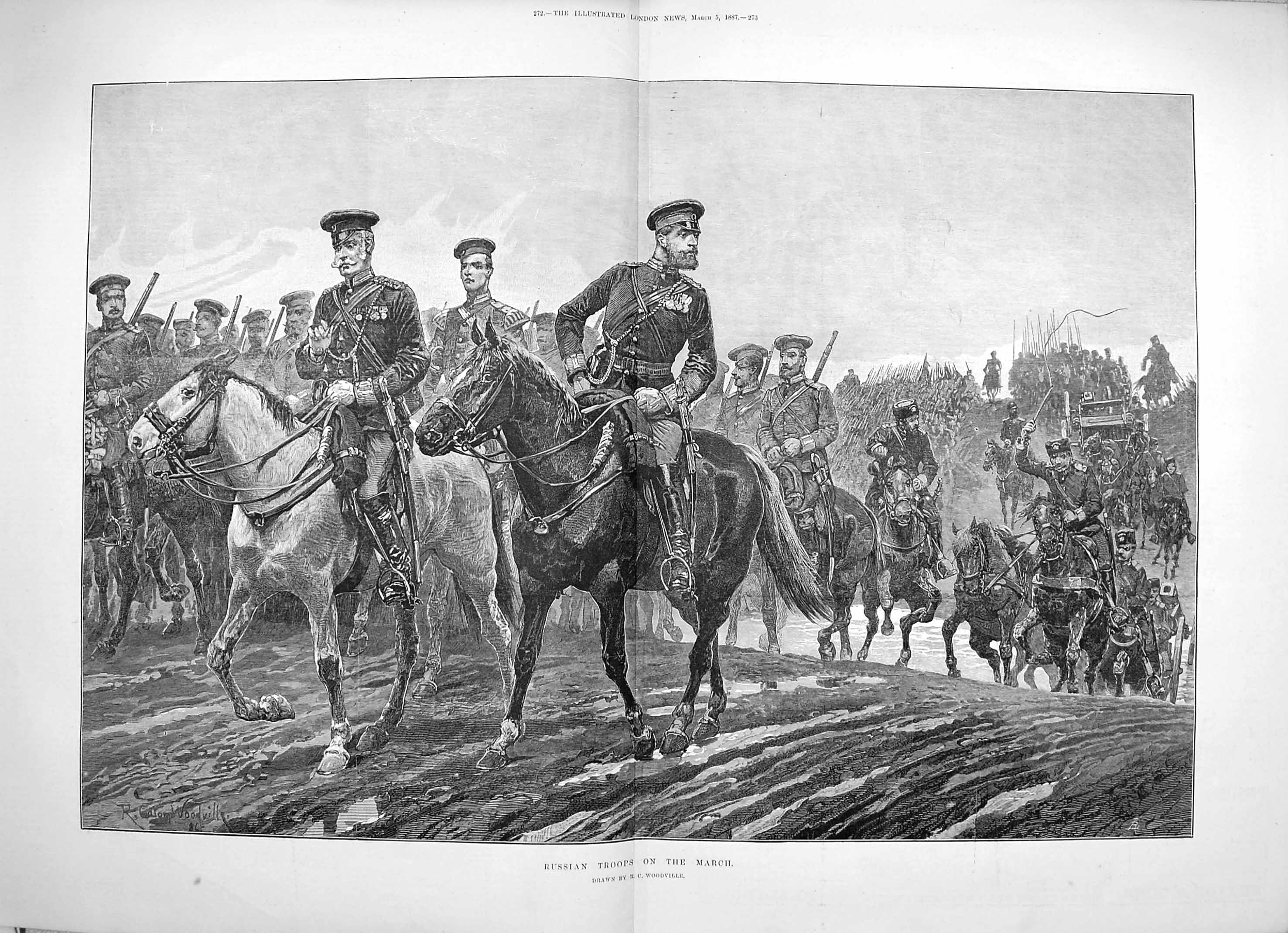 Original Old Antique Print 1887 Russian Troops Siers Marching Horses War 19th