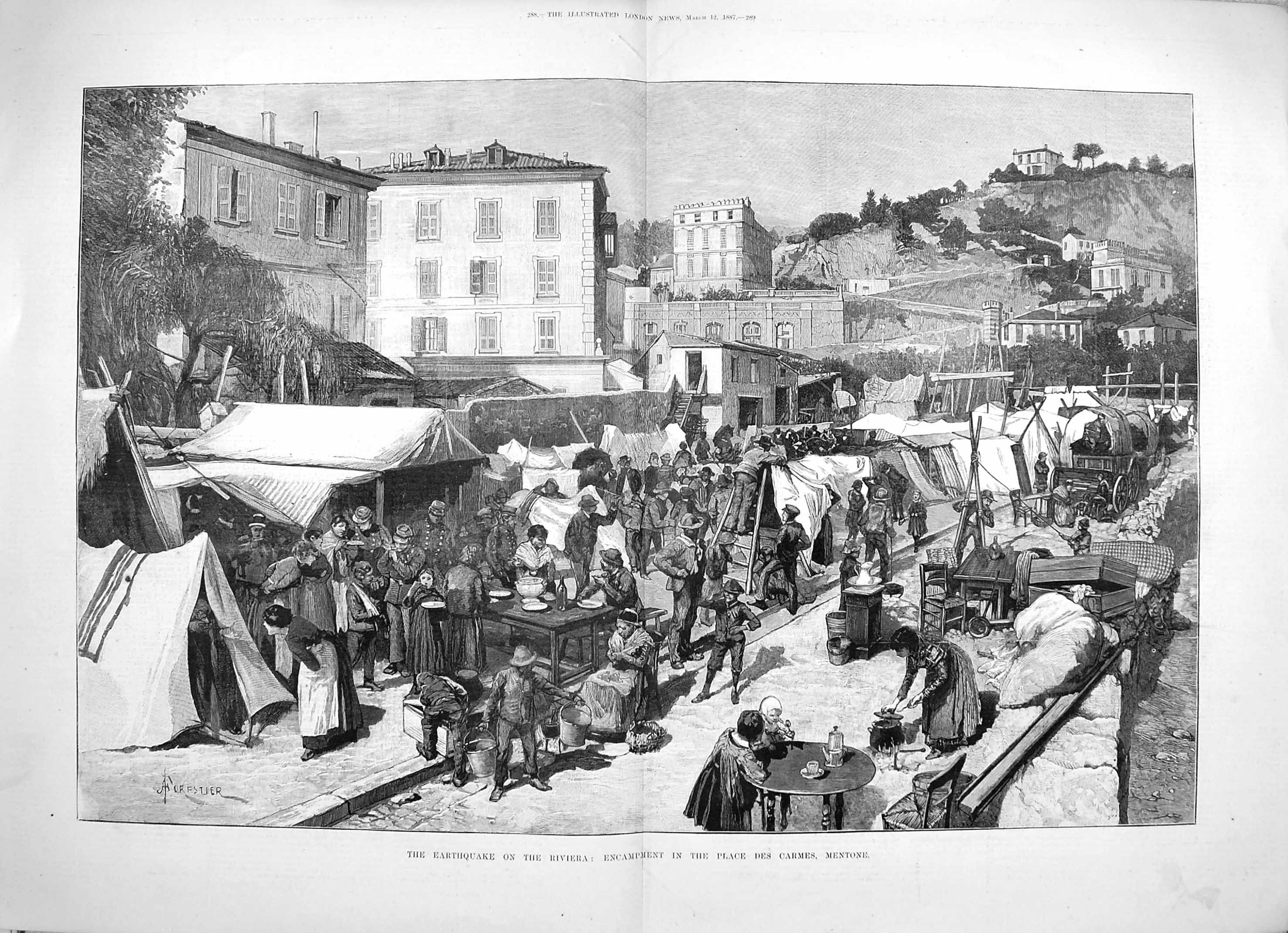 Old Antique Print 1887 Earthquake France Camp Place Des Carmes Mentone 19th