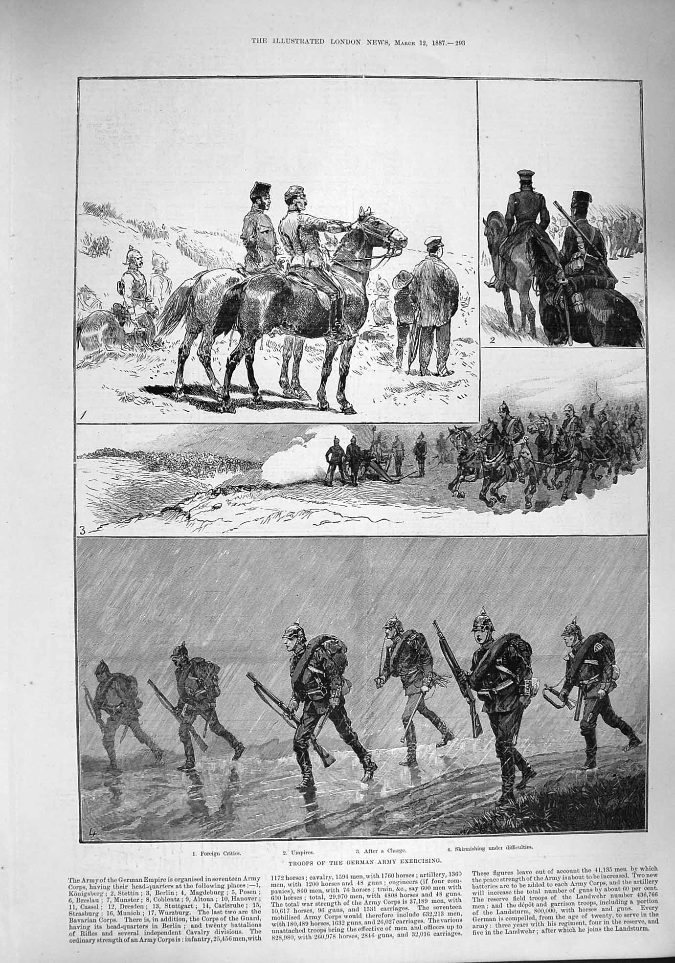 Original Old Antique Print 1887 German Army Siers Skirmishing War Horses 19th