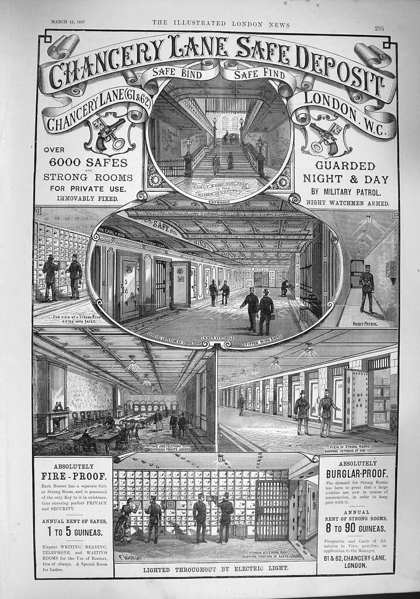 Original Old Antique Print 1887 Advertisement Chancery Lane Safe Deposit Rooms
