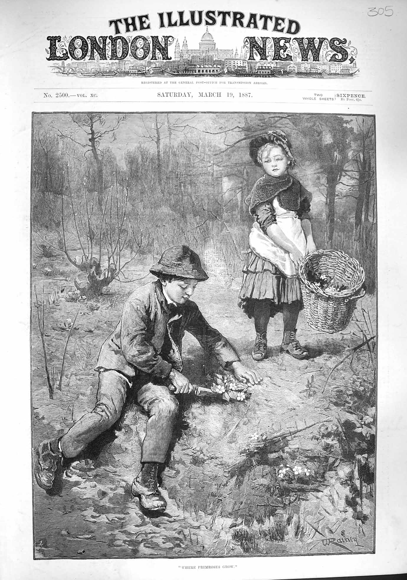 Original Old Antique Print 1887 Where Primroses Grow Children Picking Flowers