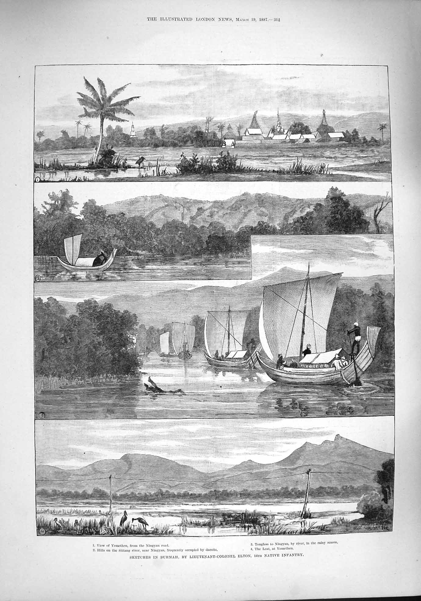 Old Antique Print 1887 Burmah Lieutenant-Colonel Elton Yemethen Ningyan 19th