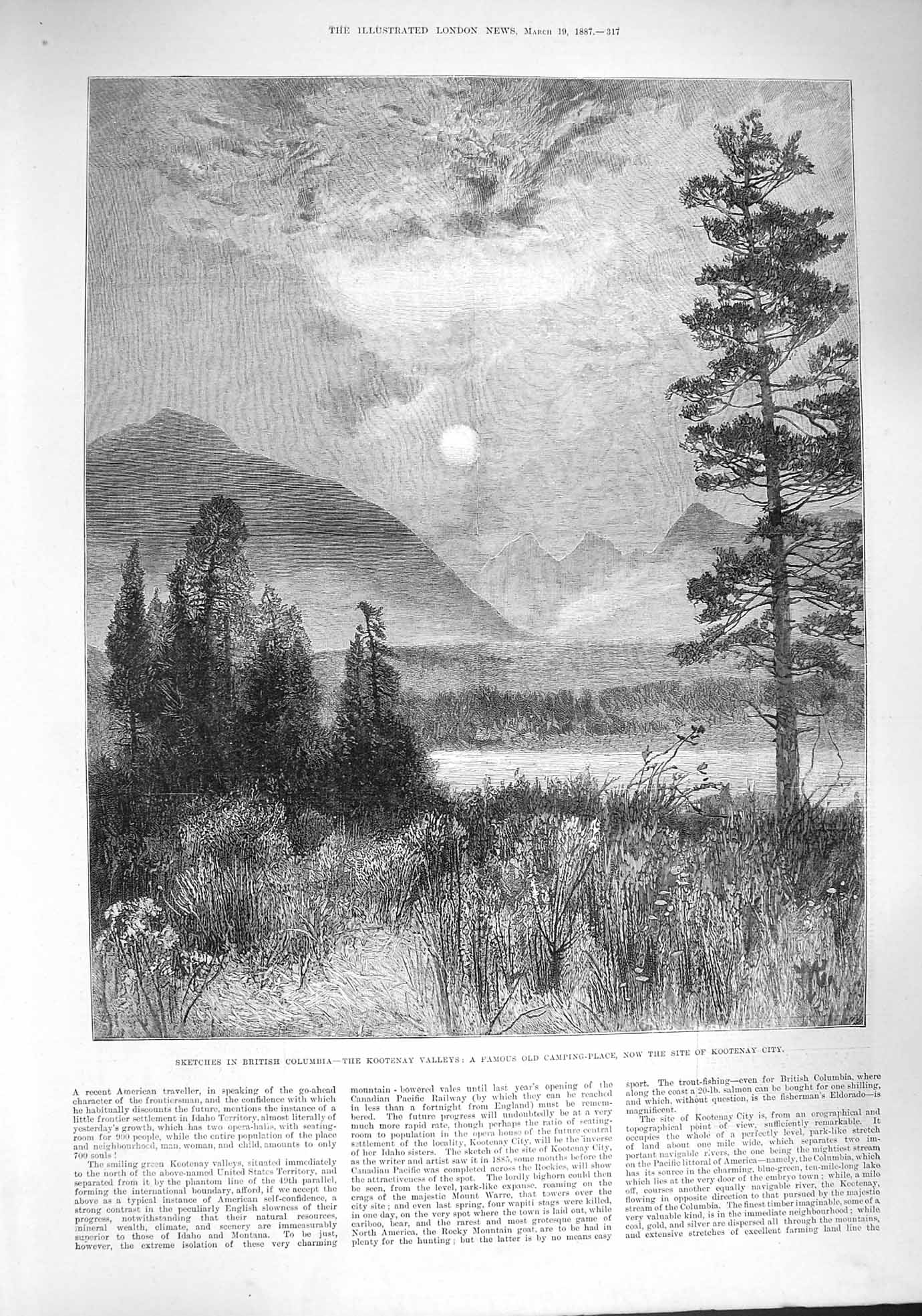 Old Antique Print 1887 British Columbia Kootenay Valleys Mountains Lake 19th
