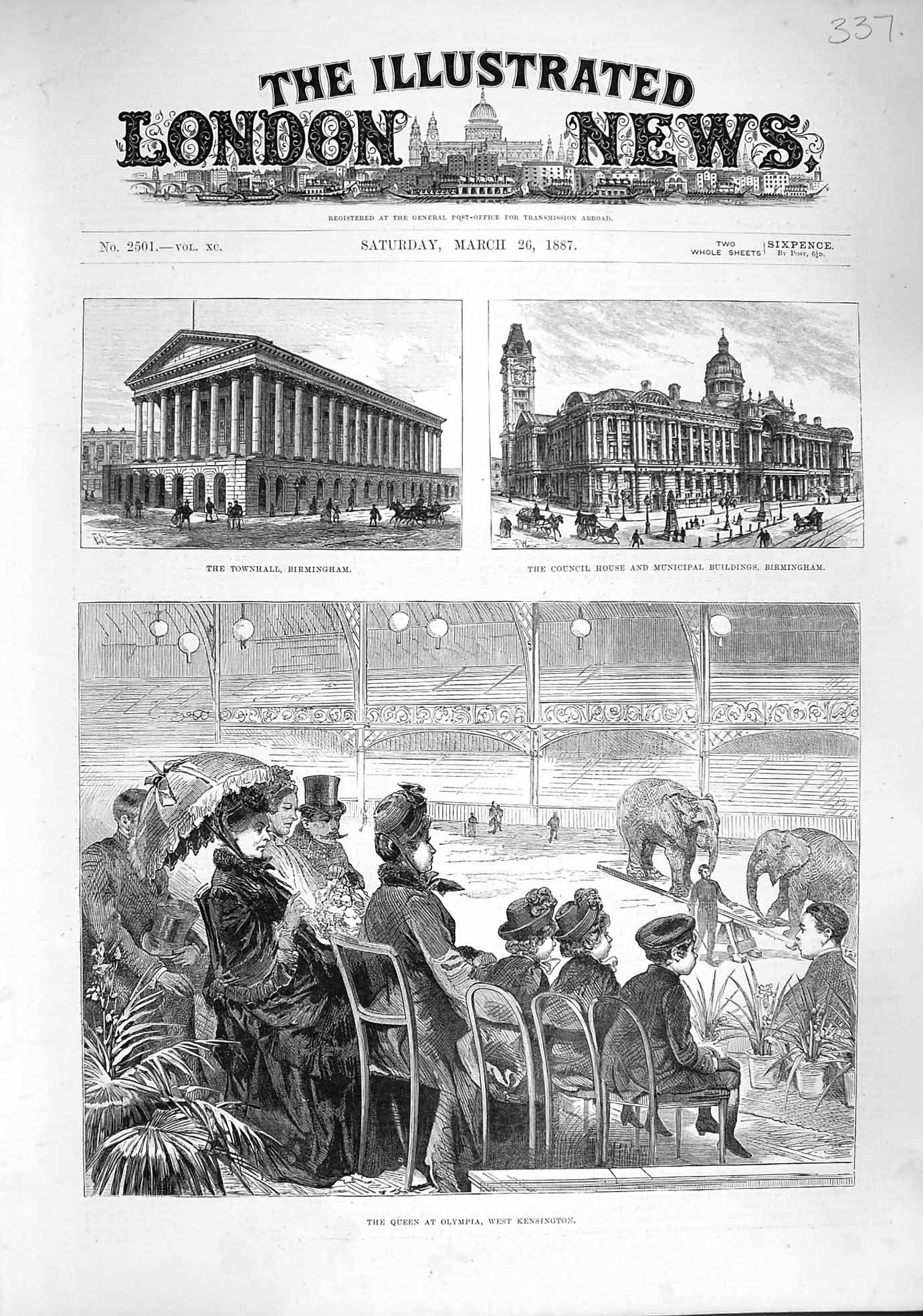 Original Old Antique Print 1887 Queen Olympia Keninsgton Townhall Birmingham