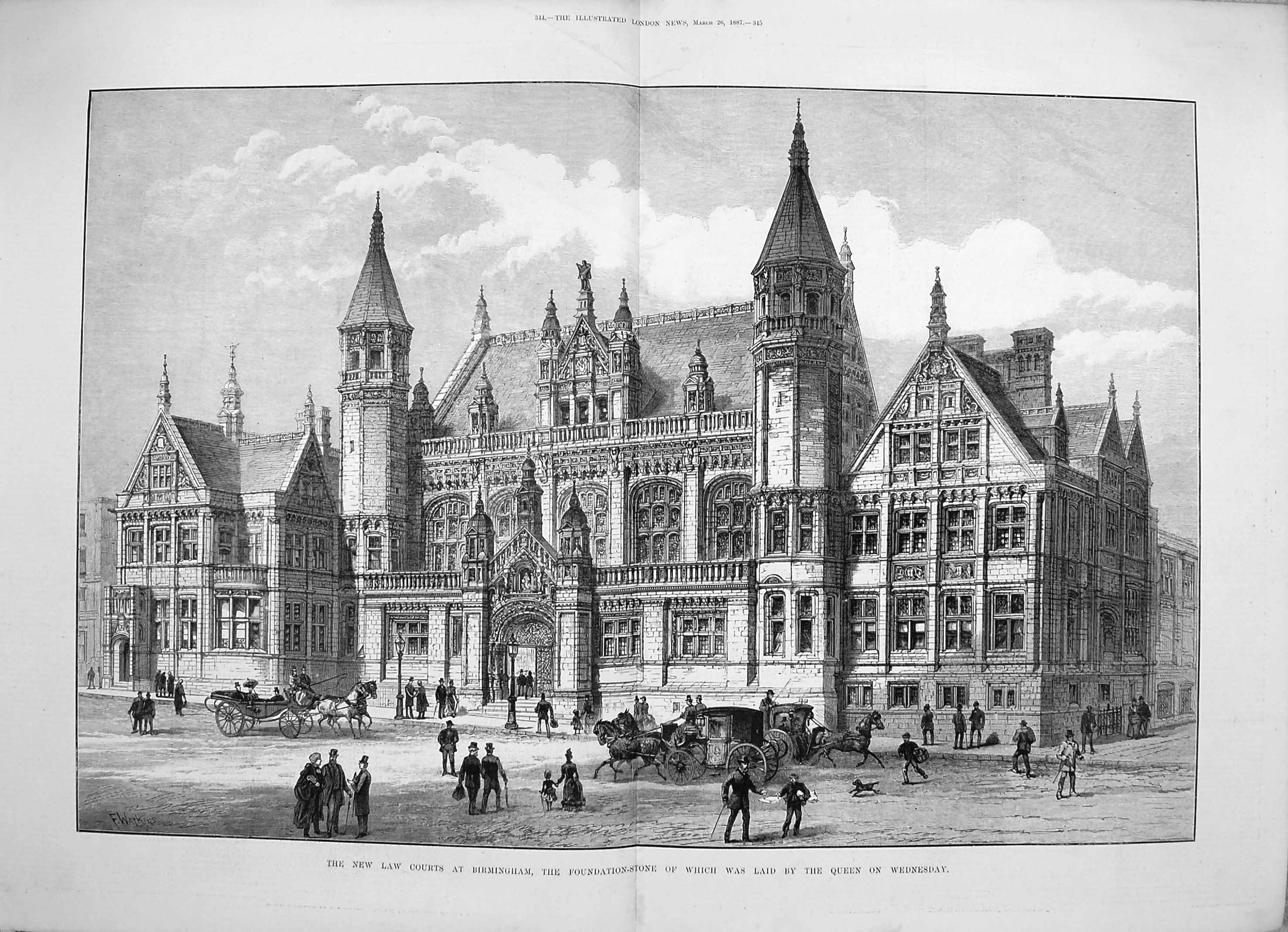 Original Old Antique Print 1887 Law Courts Birmingham Architecture Building