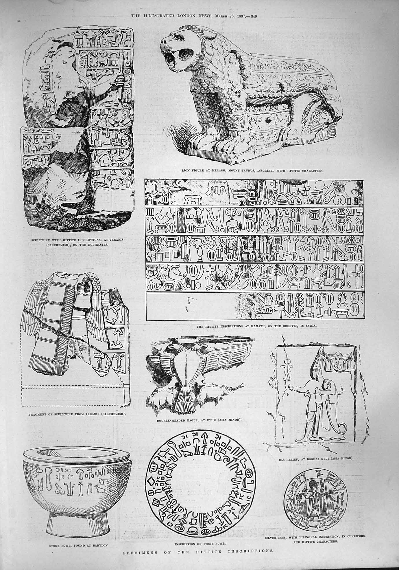 Old Antique Print 1887 Hittite Inscriptions Lion Merash Bowl Babylon Eyuk 19th