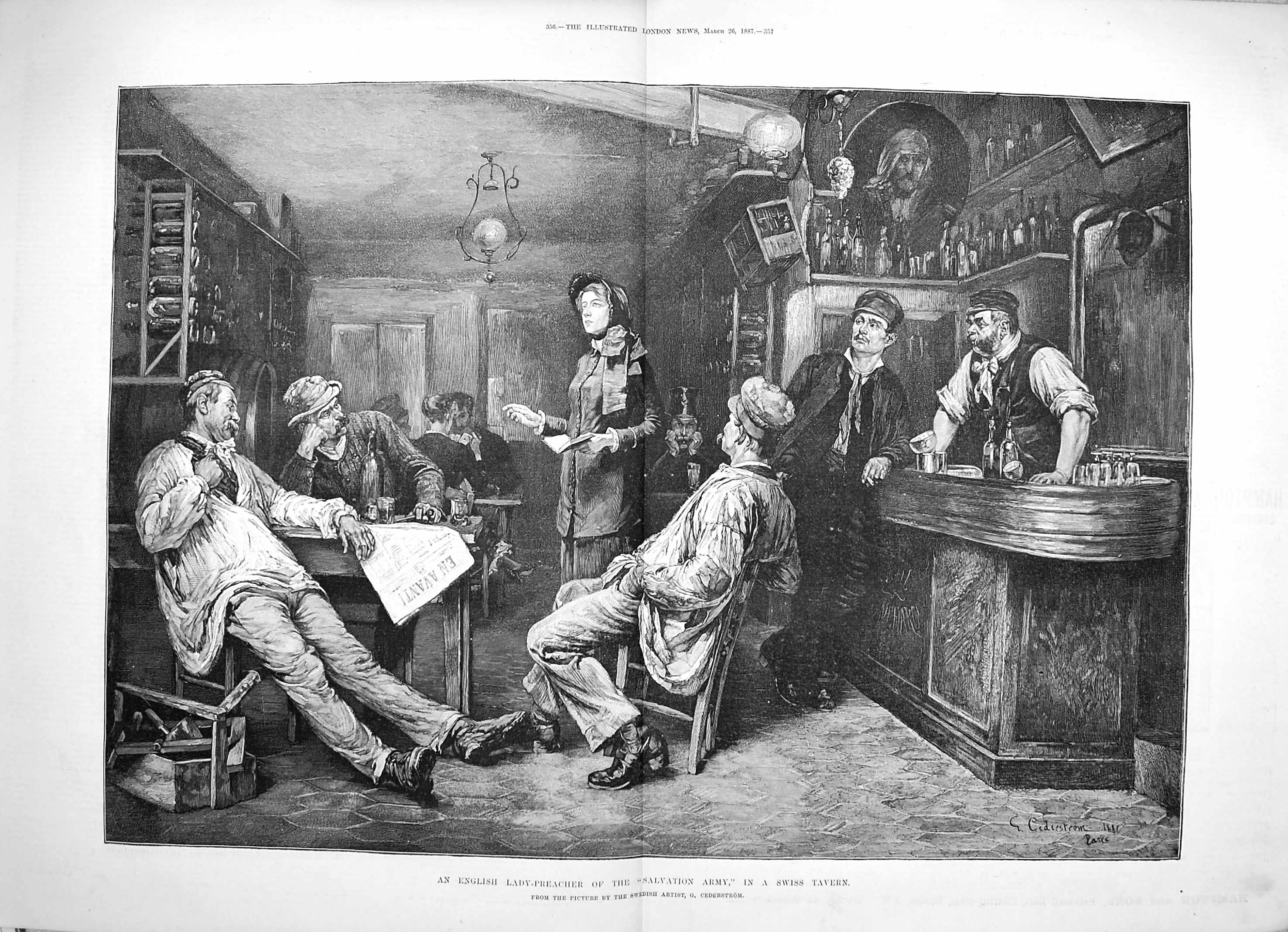 Antique Print *3378 1887 English Lady Preacher Salvation Army Swiss Tavern
