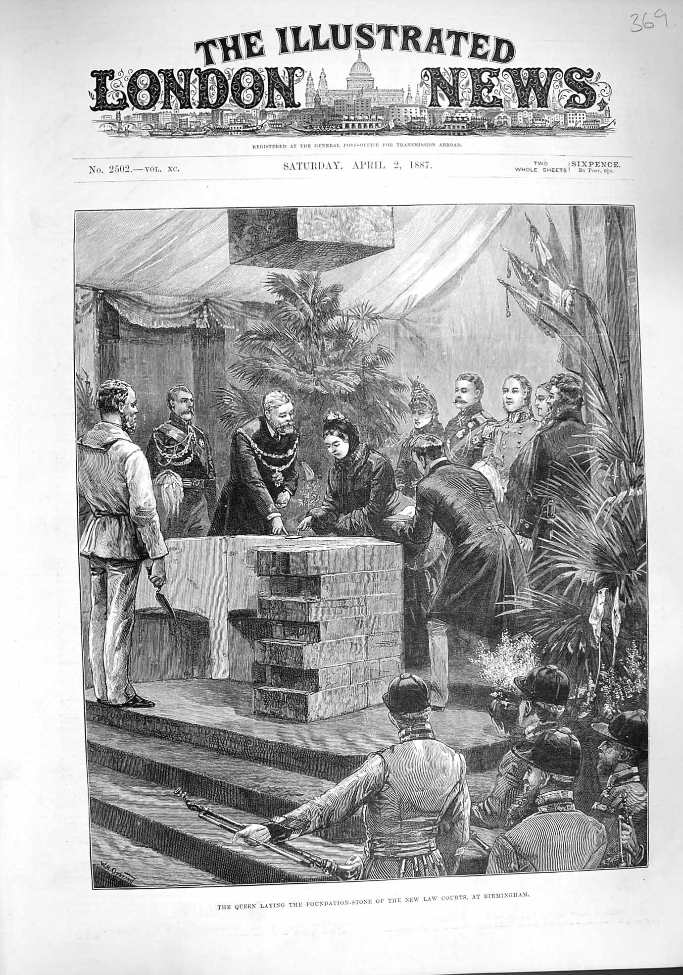 Original Old Antique Print 1887 Queen Foundation Stone Law Courts Birmingham