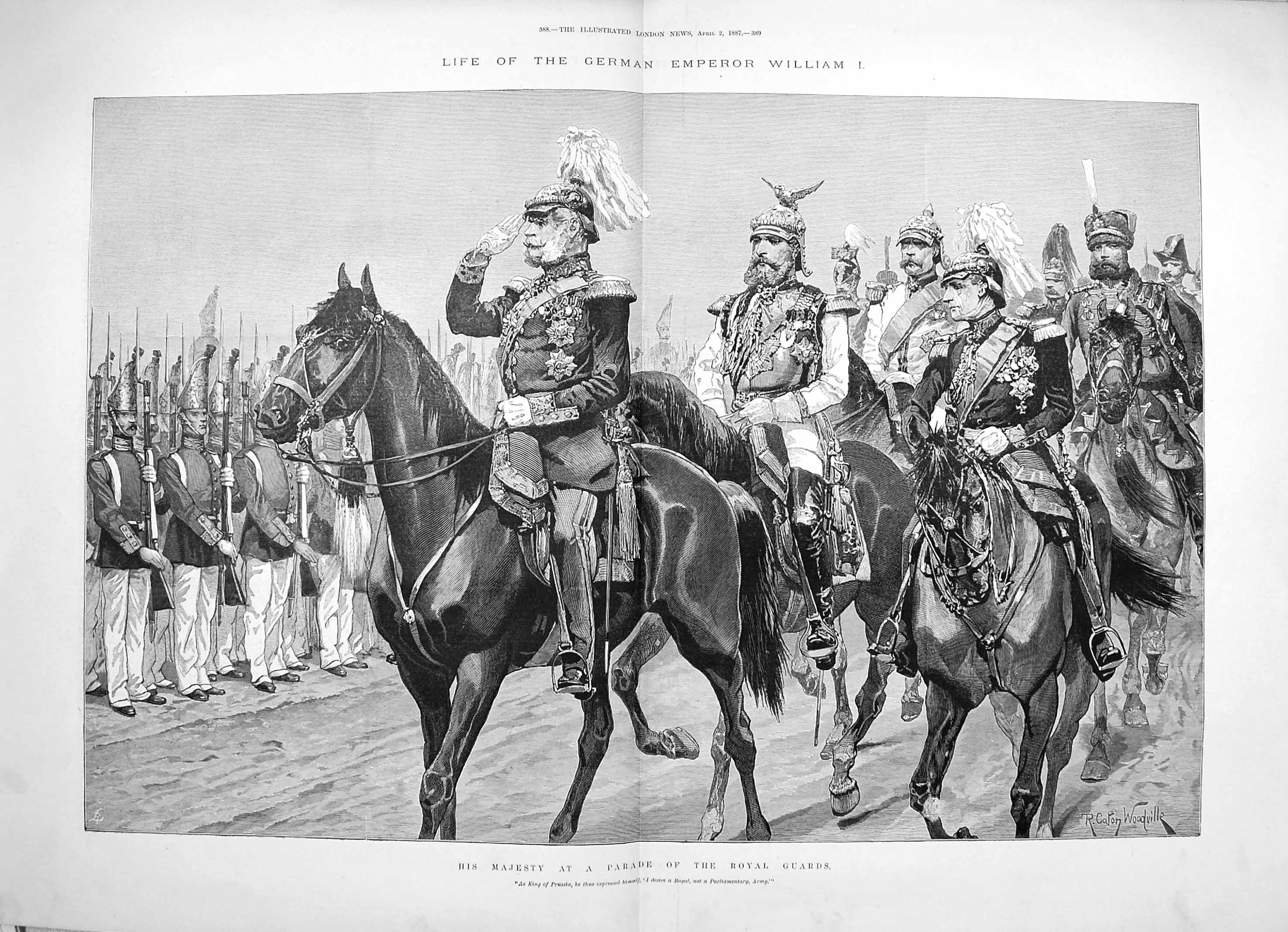 Original Old Antique Print 1887 German Emperor William Parade Royal Guards