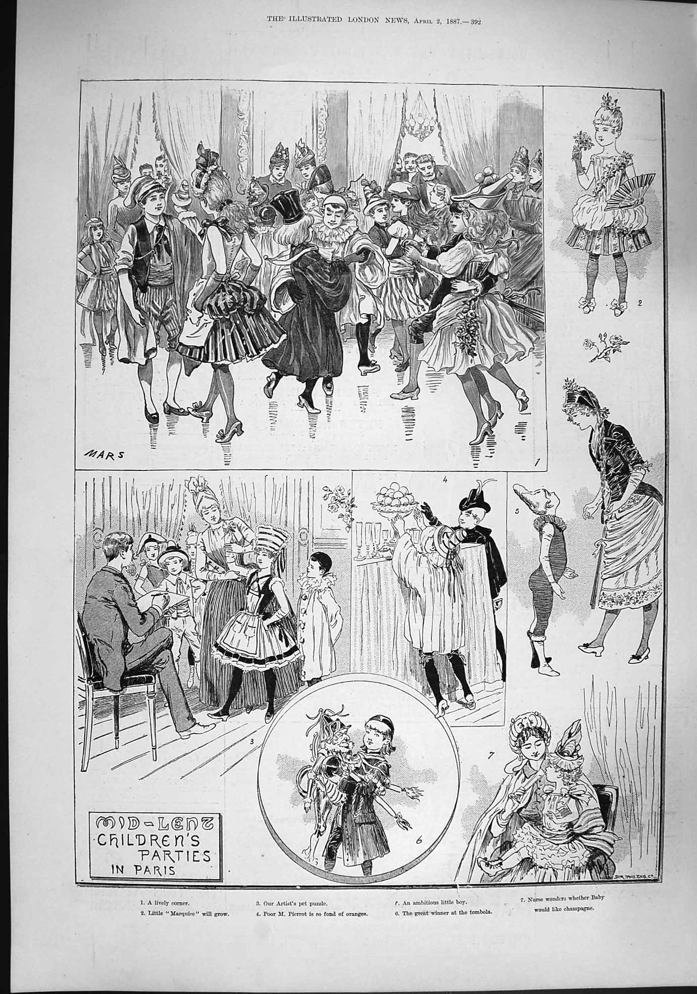 Original Old Antique Print 1887 Mid-Lenz Children Party Paris Pierrot Nurse
