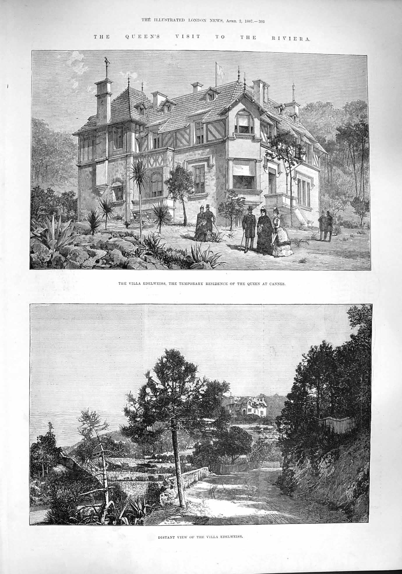 Original Old Antique Print 1887 Villa Edelweiss Queen Cannes Riviera France