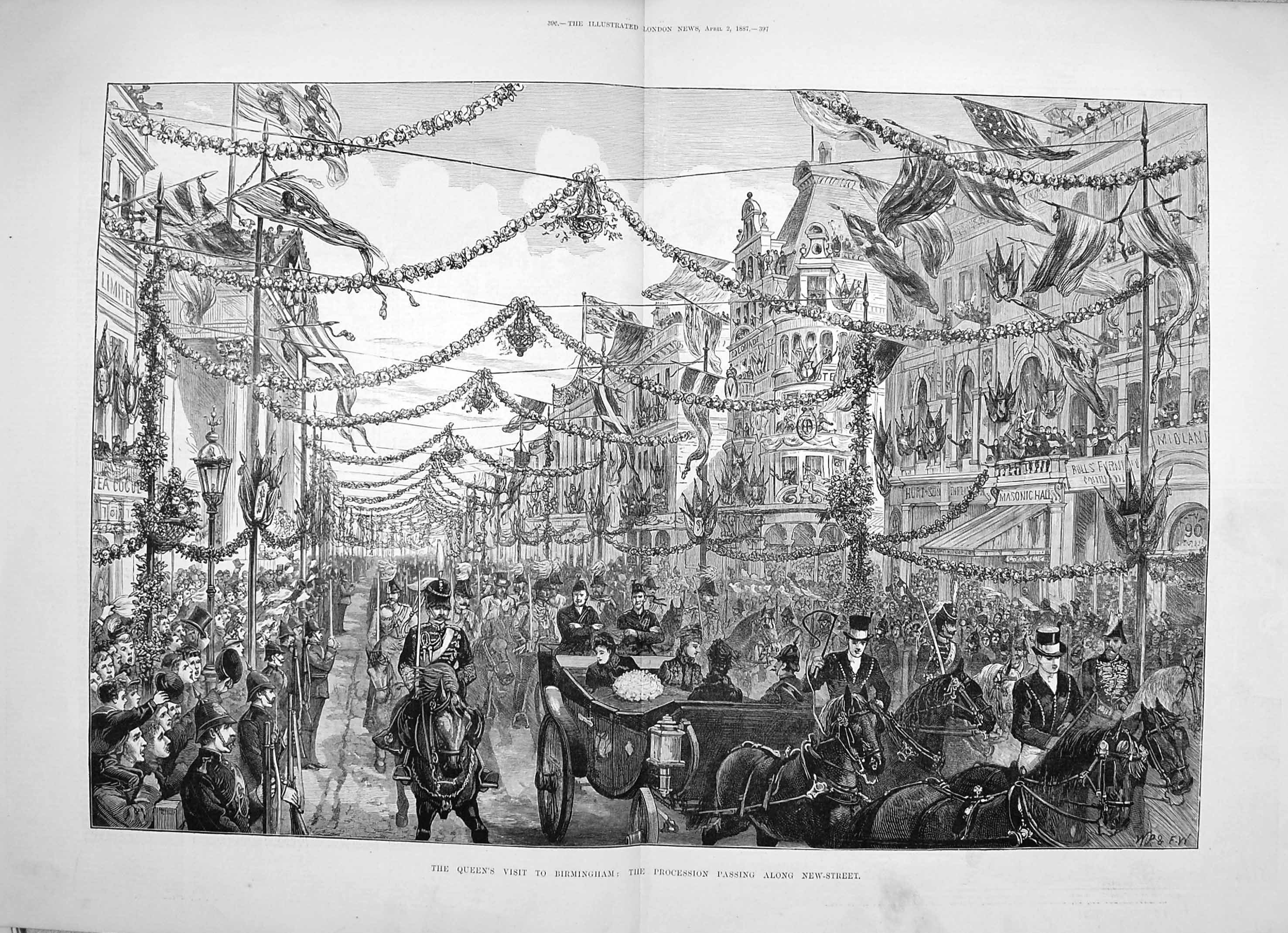 Old Antique Print 1887 Queen Birmingham Procession New Street Carriage 19th