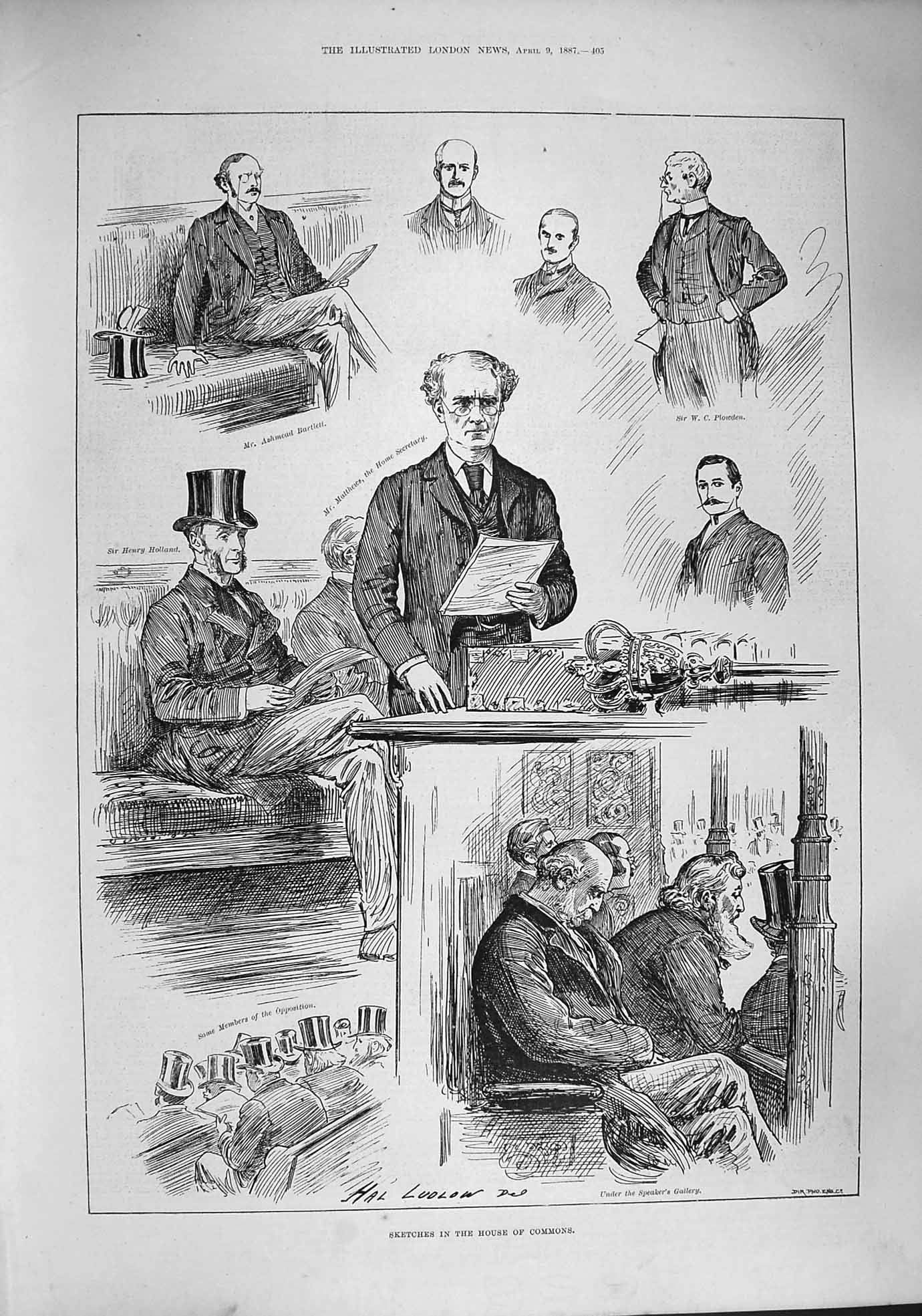 Original Old Antique Print 1887 House Commons Matthews Nartlett Plowden Holland