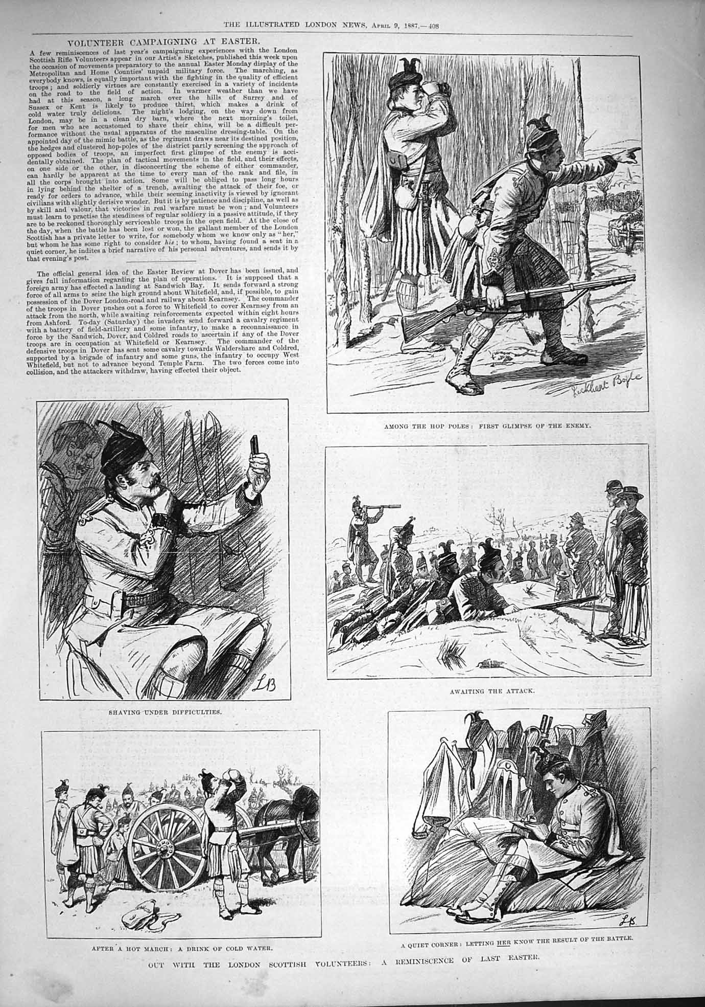 Original Old Antique Print 1887 London Scottish Volunteers Siers War Kilts 19th