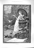 Original Old Antique Print 1887 Pigeon Fancier Lady Woman Birds Fine Art 19th