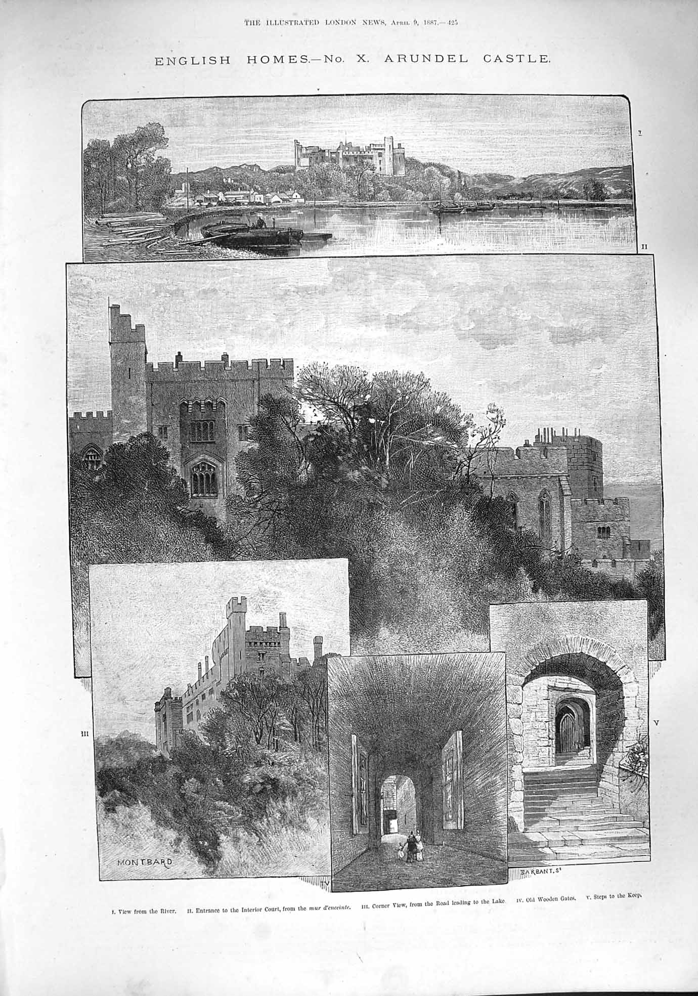 Original Old Antique Print 1887 Arundel Castle Courtyard Warder Bed Gardens