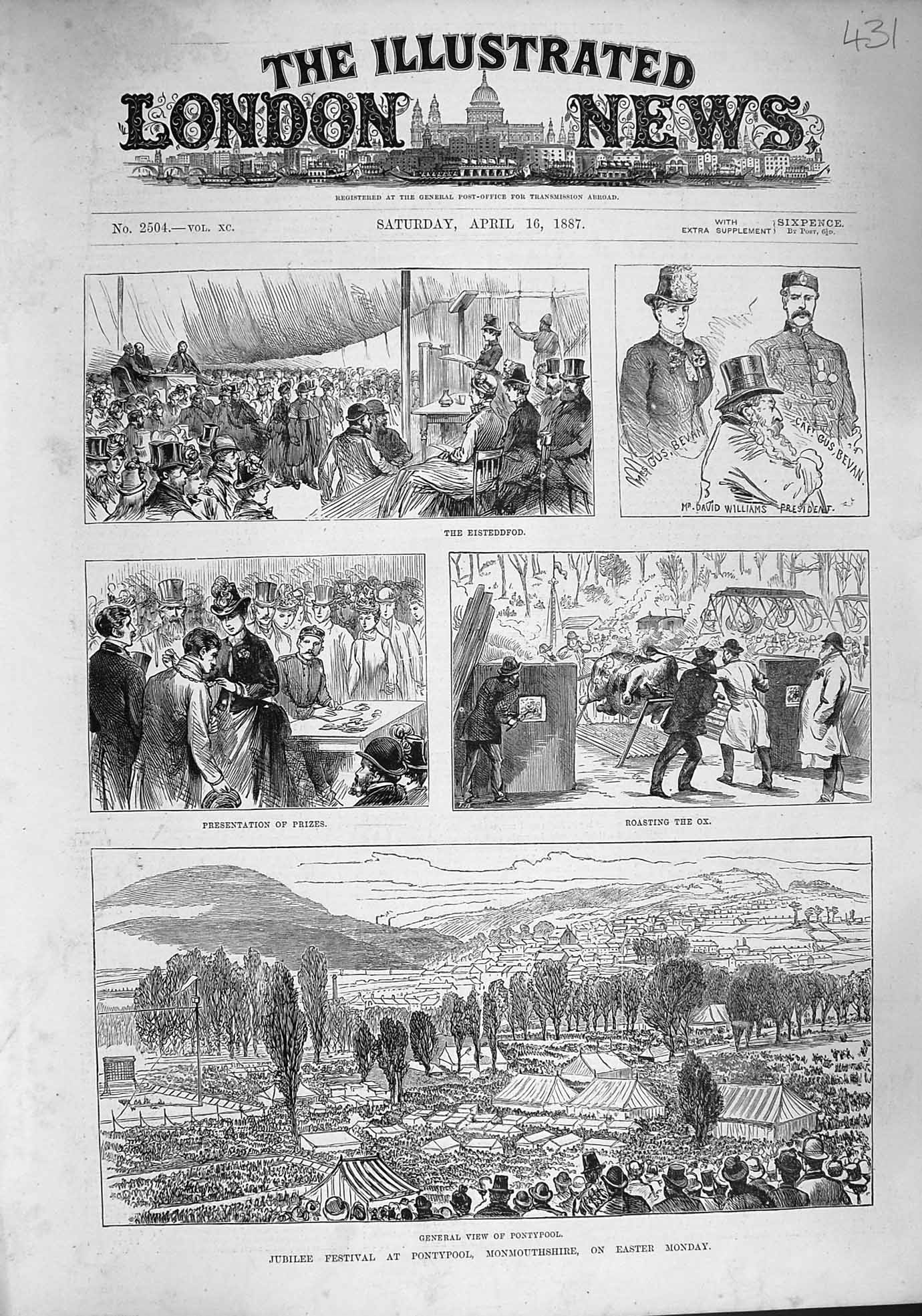 Original Old Antique Print 1887 Jubilee Festival Pontypool Monmouthshire Bevan