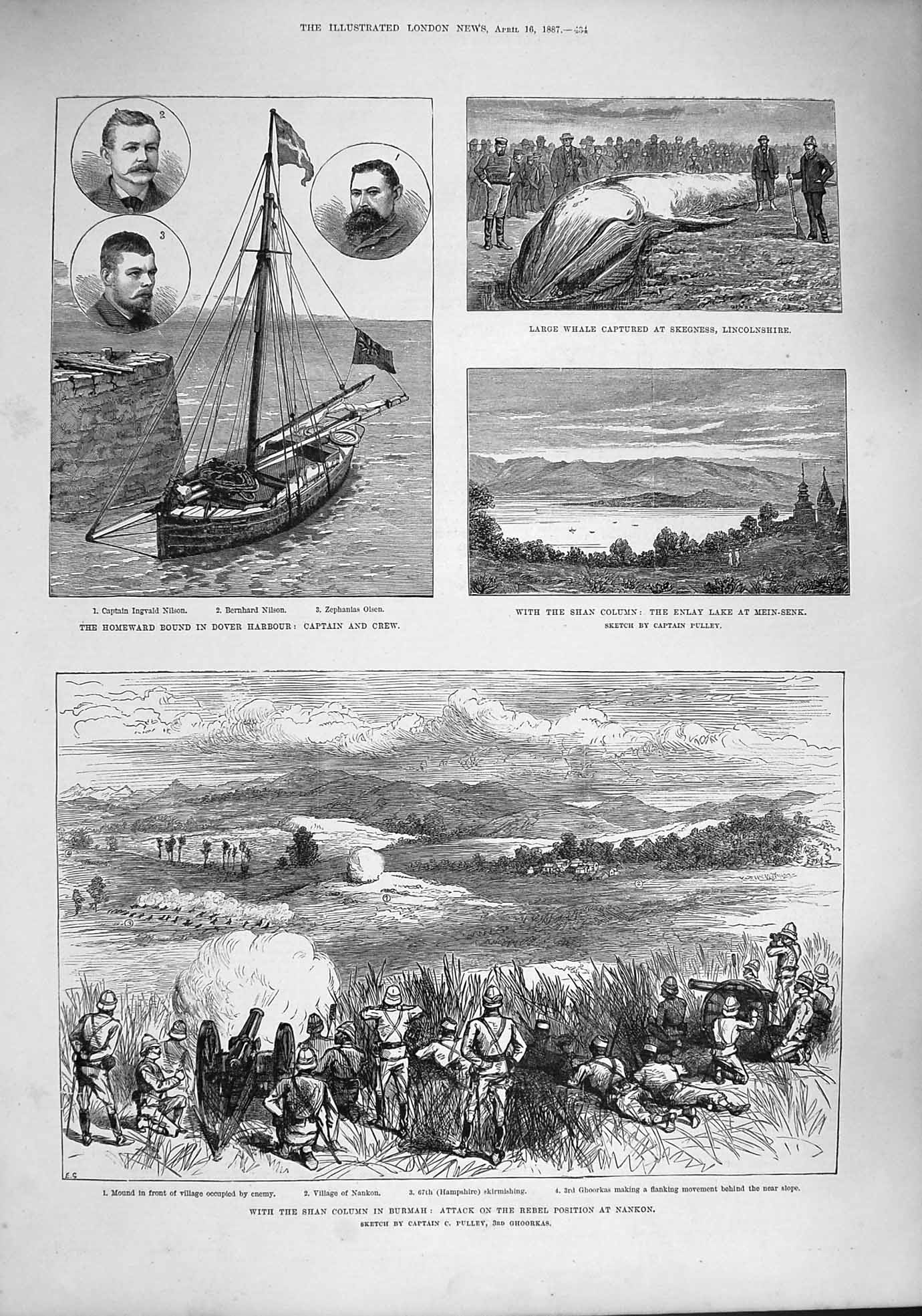 Original Old Antique Print 1887 Shah Column Burmah Nankon Dover Harbour Nilson