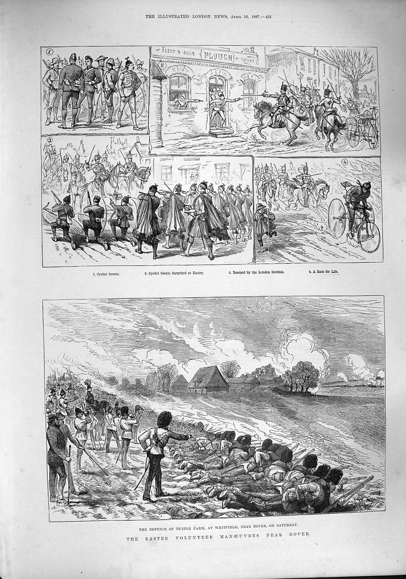 Old Antique Print 1887 Temple Farm Whitfield Dover Easter Volunteer Army 19th