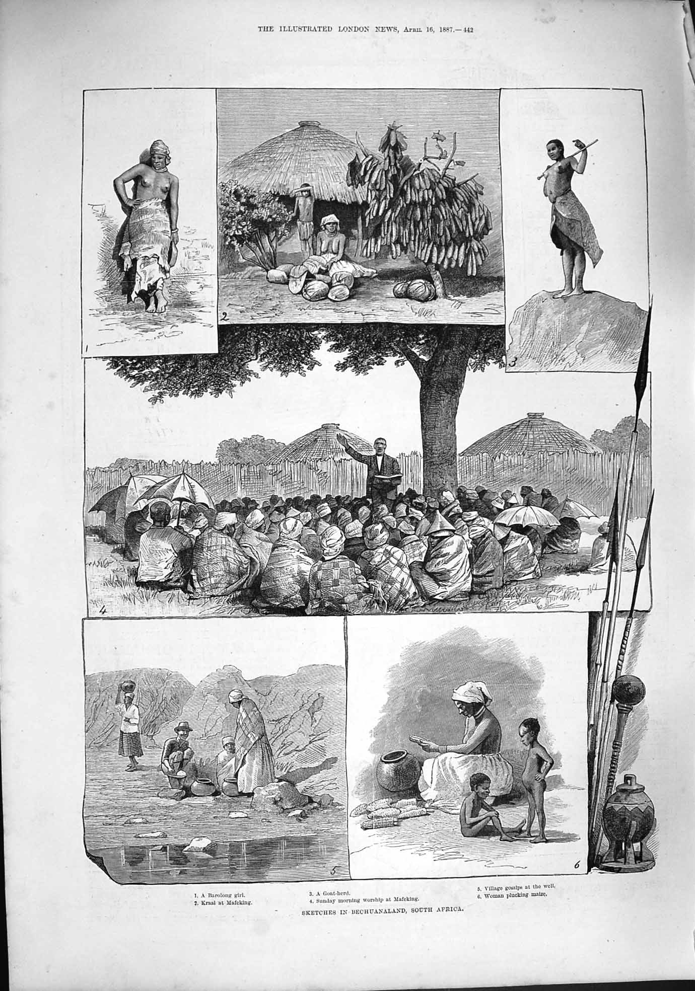 Old Antique Print 1887 Botswana Bechuanaland Africa Barolong Girl Kraal 19th