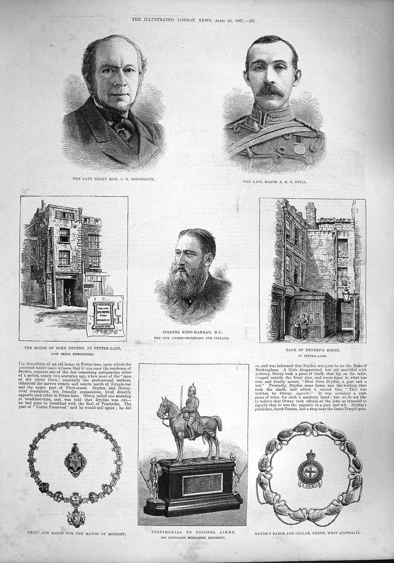 Old Antique Print 1887 Newdegate Neill King-Harman Aiken Dryden Mossley 19th