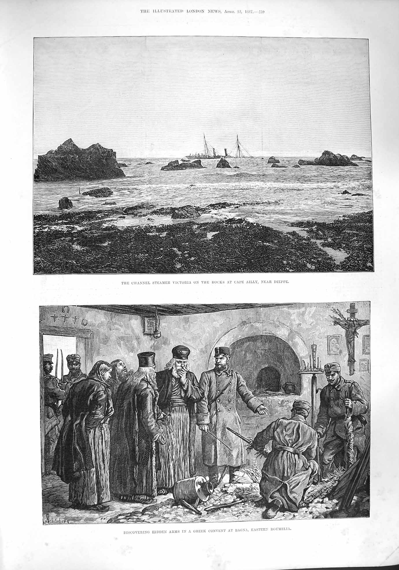 Old Antique Print 1887 Channel Ship Victoria Dieppe Greek Convent Bagna 19th