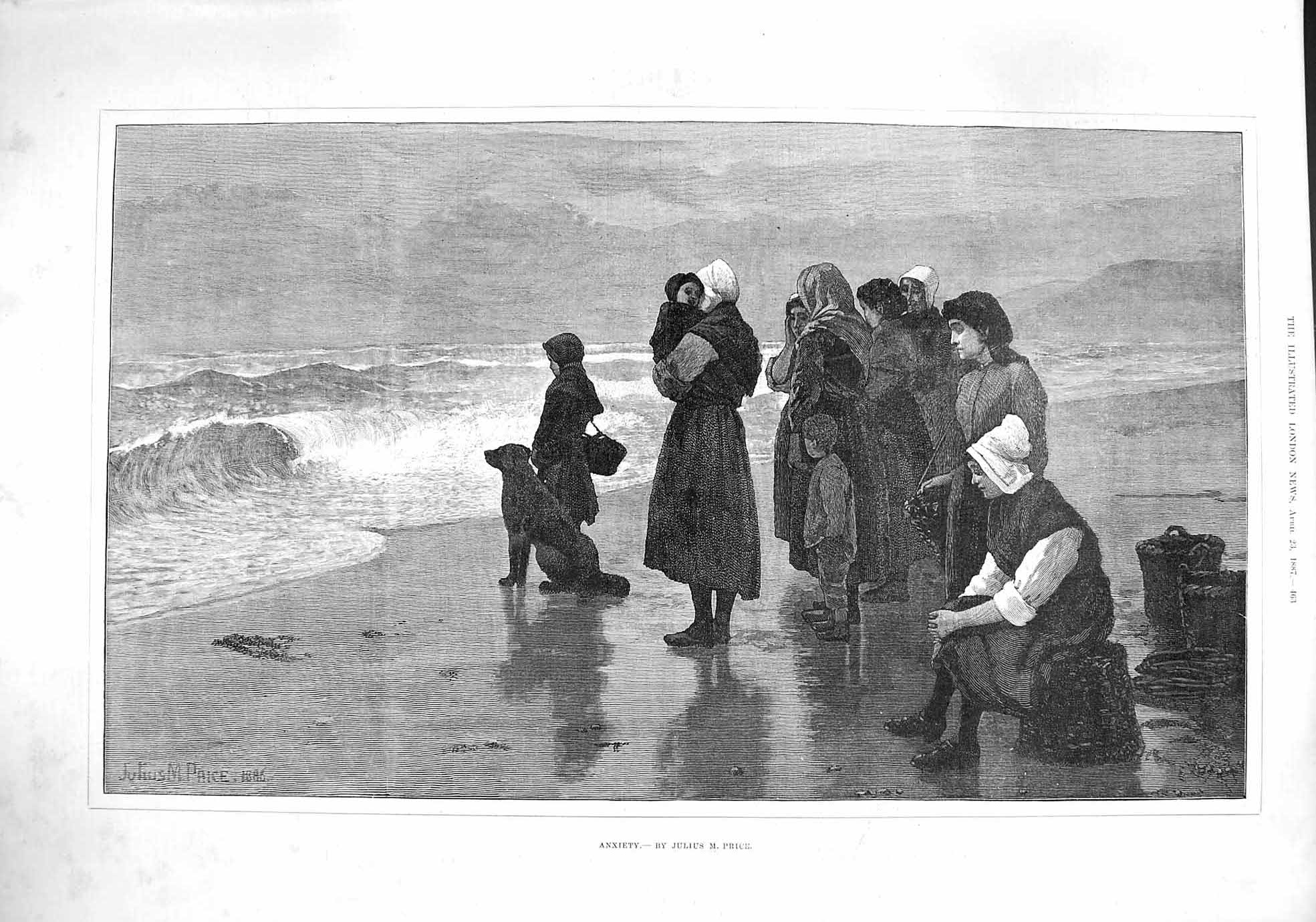Original Old Antique Print 1887 Anxiety Women Children Waiting Beach Sea-Side