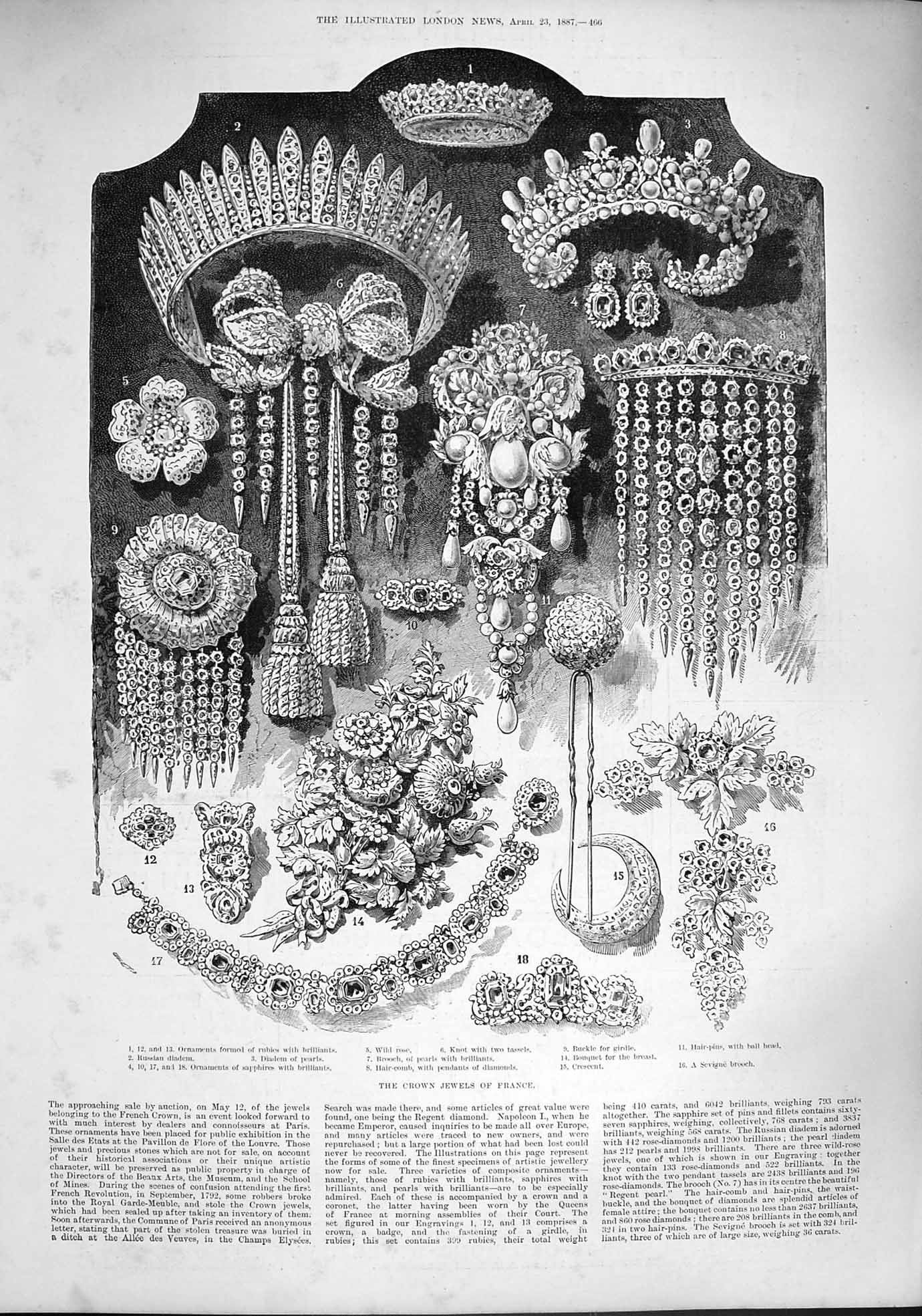 Original Old Antique Print 1887 Crown Jewels France Diamonds Orloff Pole-Star