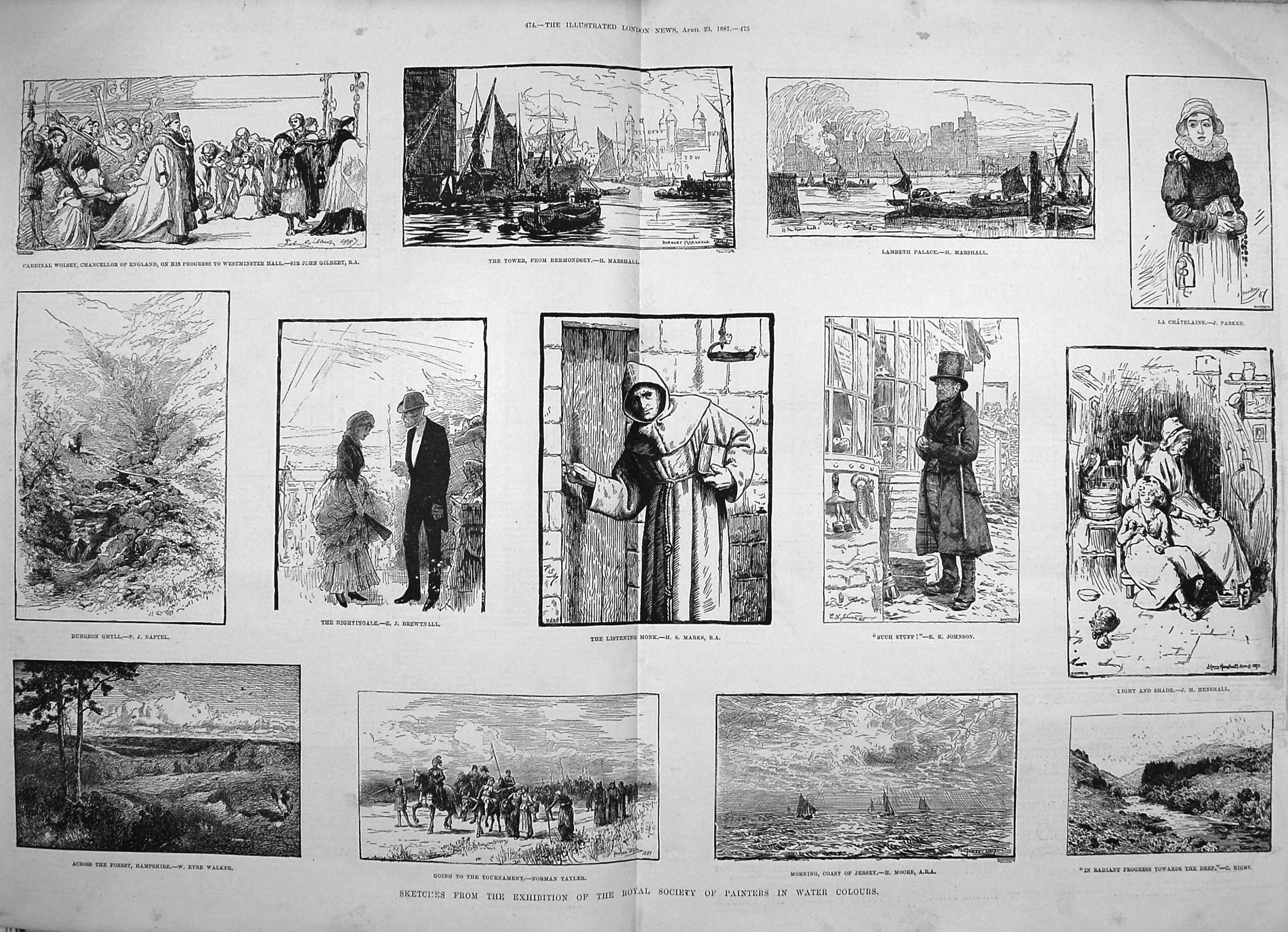 Old Antique Print 1887 Royal Society Art Monk Bermondsey Jersey Yachts 19th