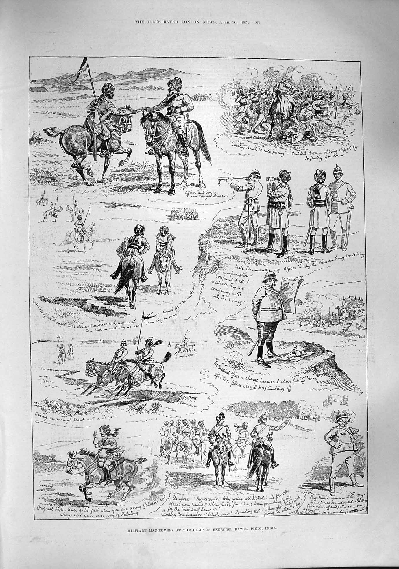 Original Old Antique Print 1887 Military Camp Exercise Rawul Pindi India Siers