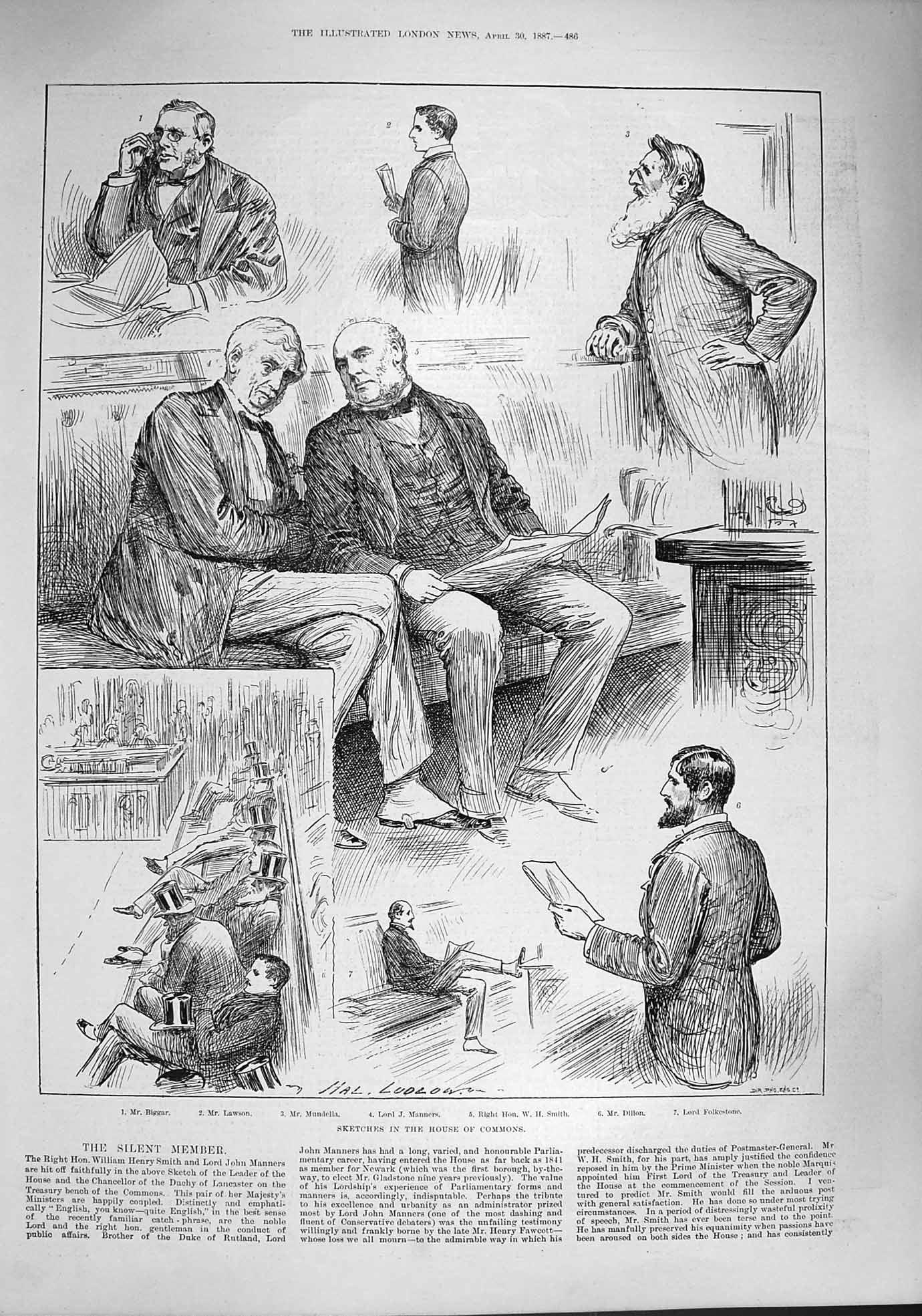 Old Antique Print 1887 House Commons Biggar Lawson Manners Smith Dillon 19th
