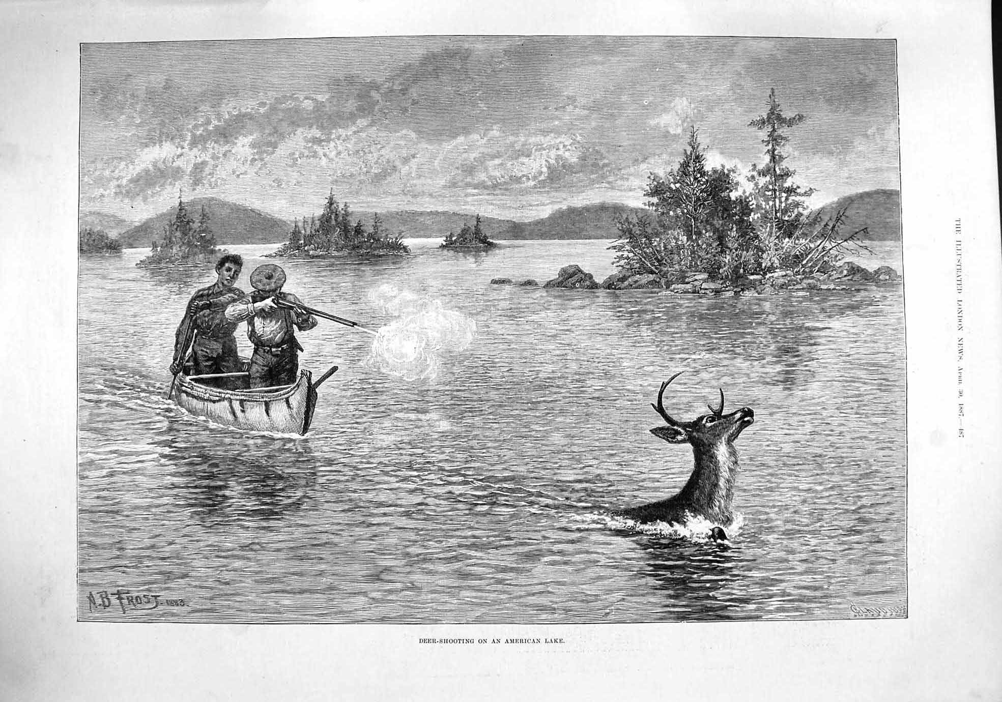 Old Antique Print 1887 Deer Shooting America Hunting Men Boat Lake Sport 19th