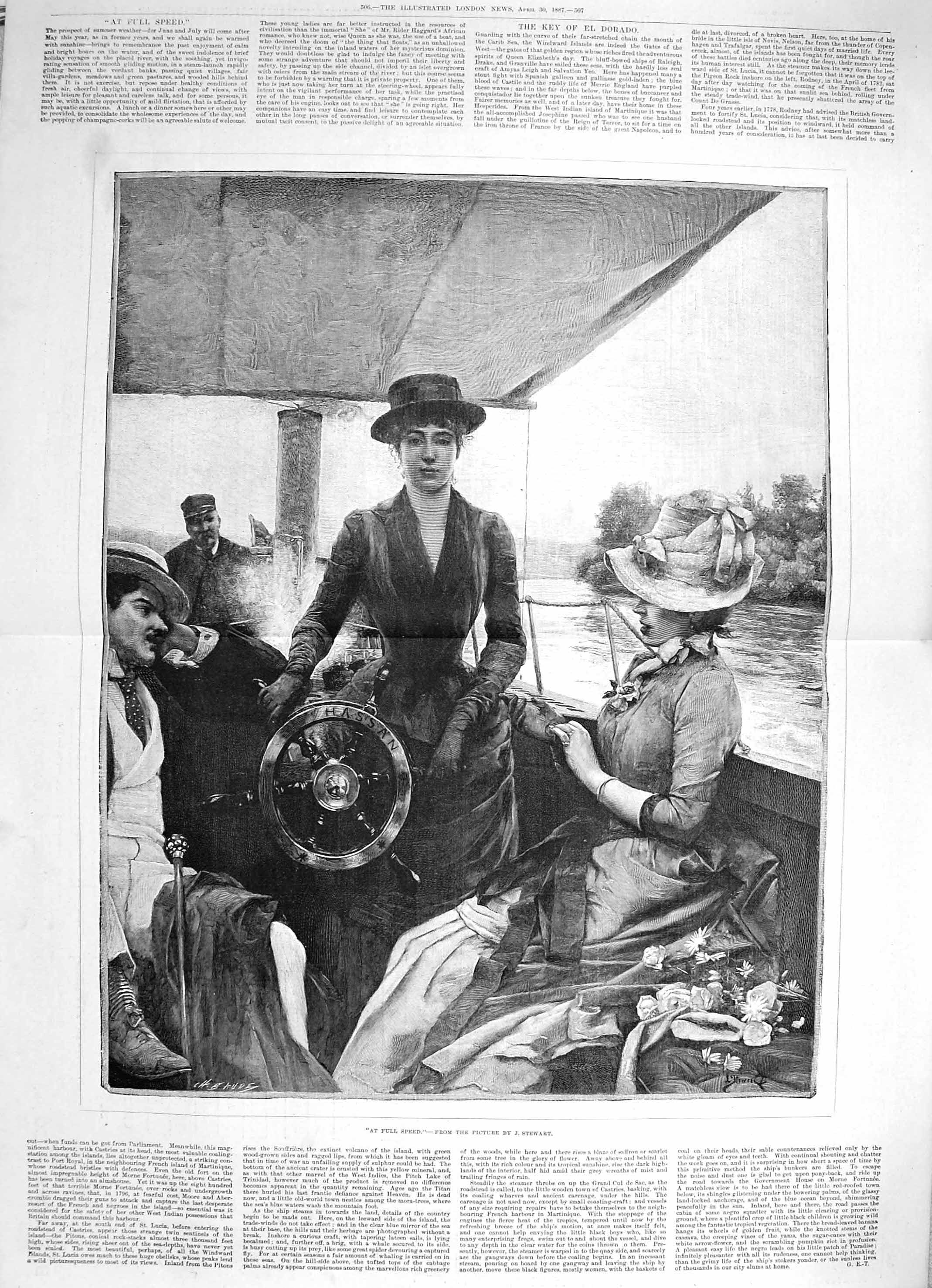 Old Antique Print 1887 Full Speed Ladies Men River Boat Hassan Fine Art 19th