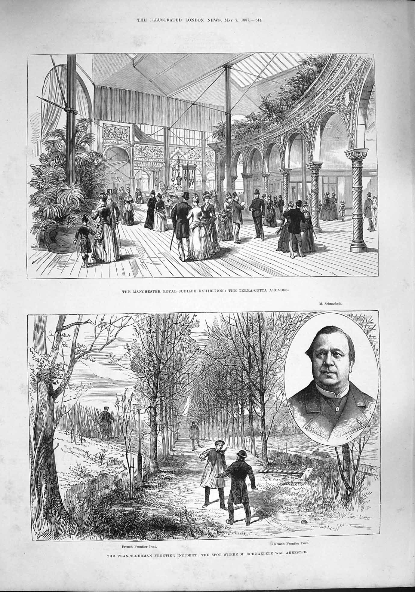 Old Antique Print 1887 Manchester Exhibition Franc-German Schnaebele Post 19th