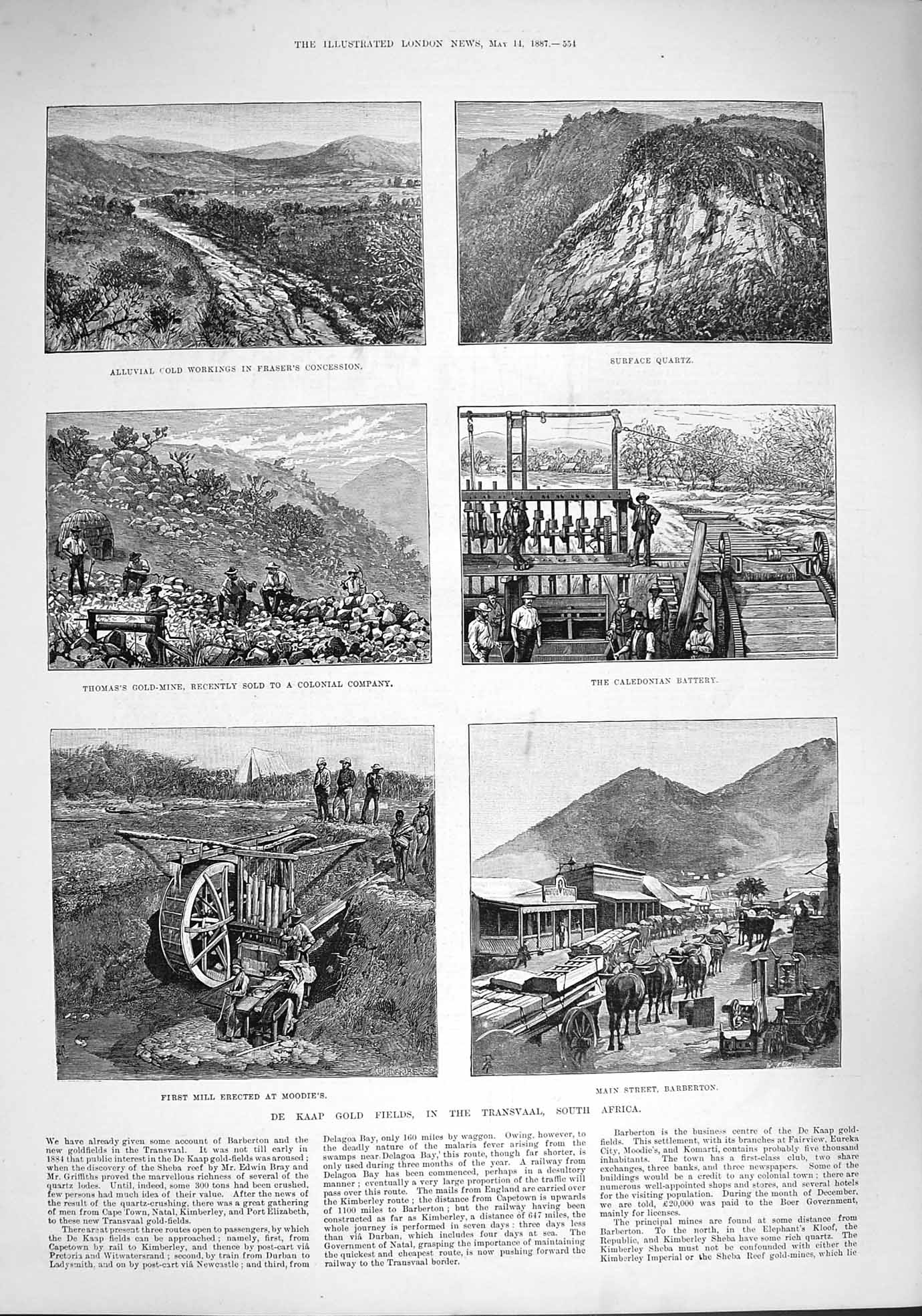 Original Old Antique Print 1887 De Kaap GFields Transvaal Africa Quarts Moodie
