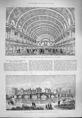Original Old Antique Print 1887 Newcastle-On-Tyne Bridge People'S Palace London