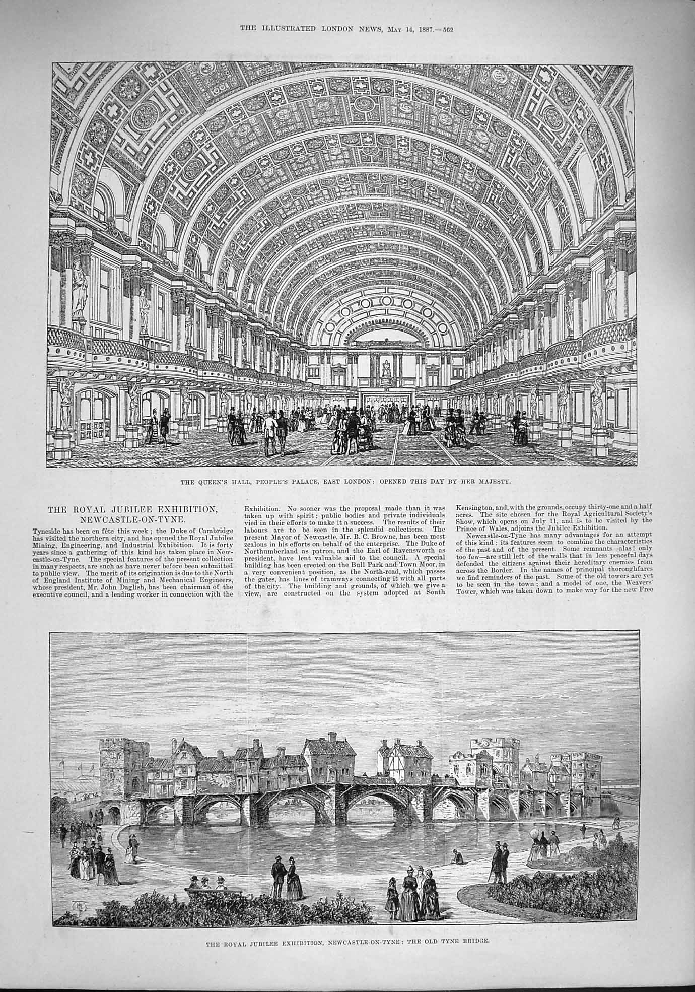Original Old Antique Print 1887 Newcastle-On-Tyne Bridge People'S Palace London