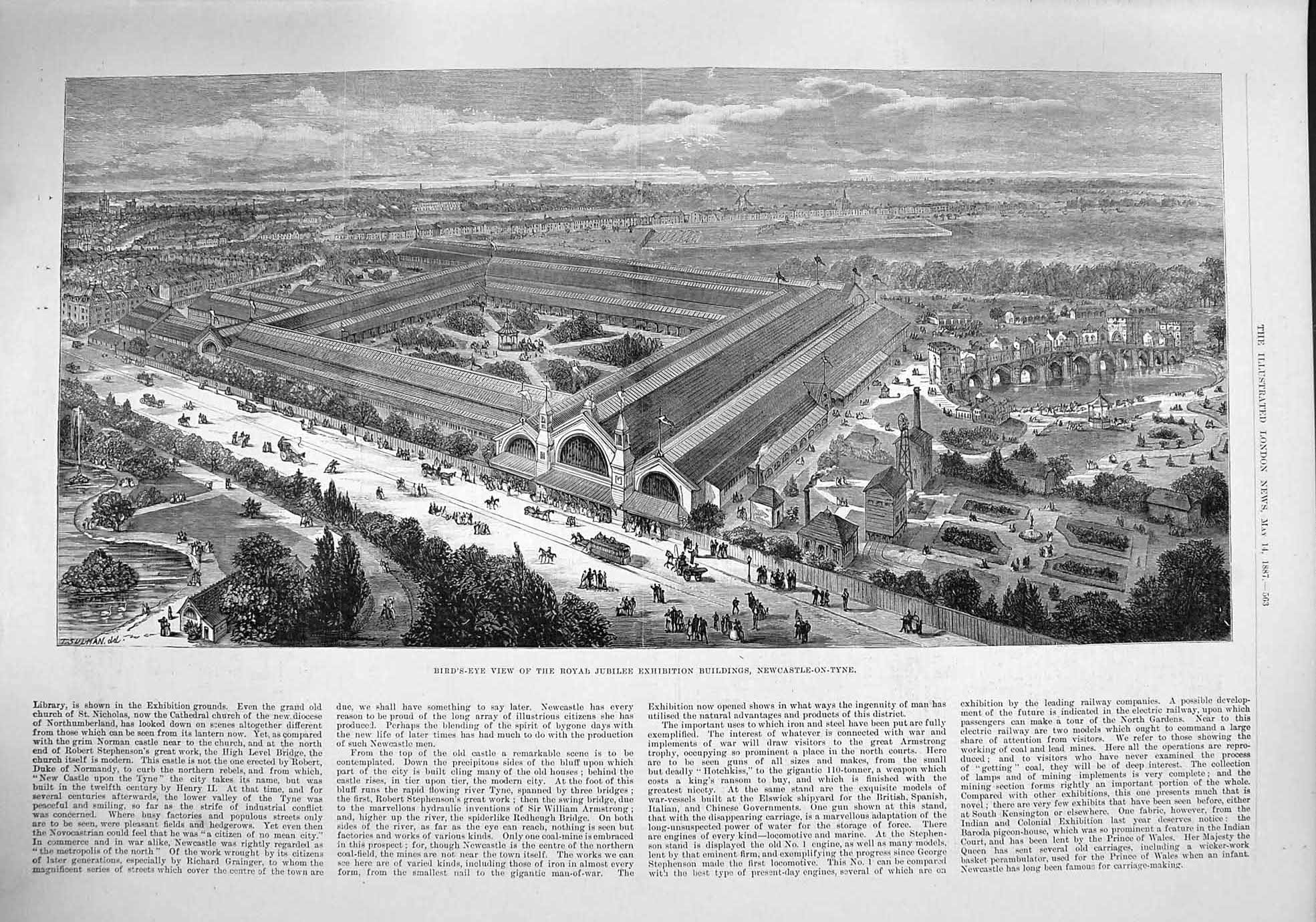 Original Old Antique Print 1887 Bird'S-Eye Jubilee Exhibition Newcastle-On-Tyne