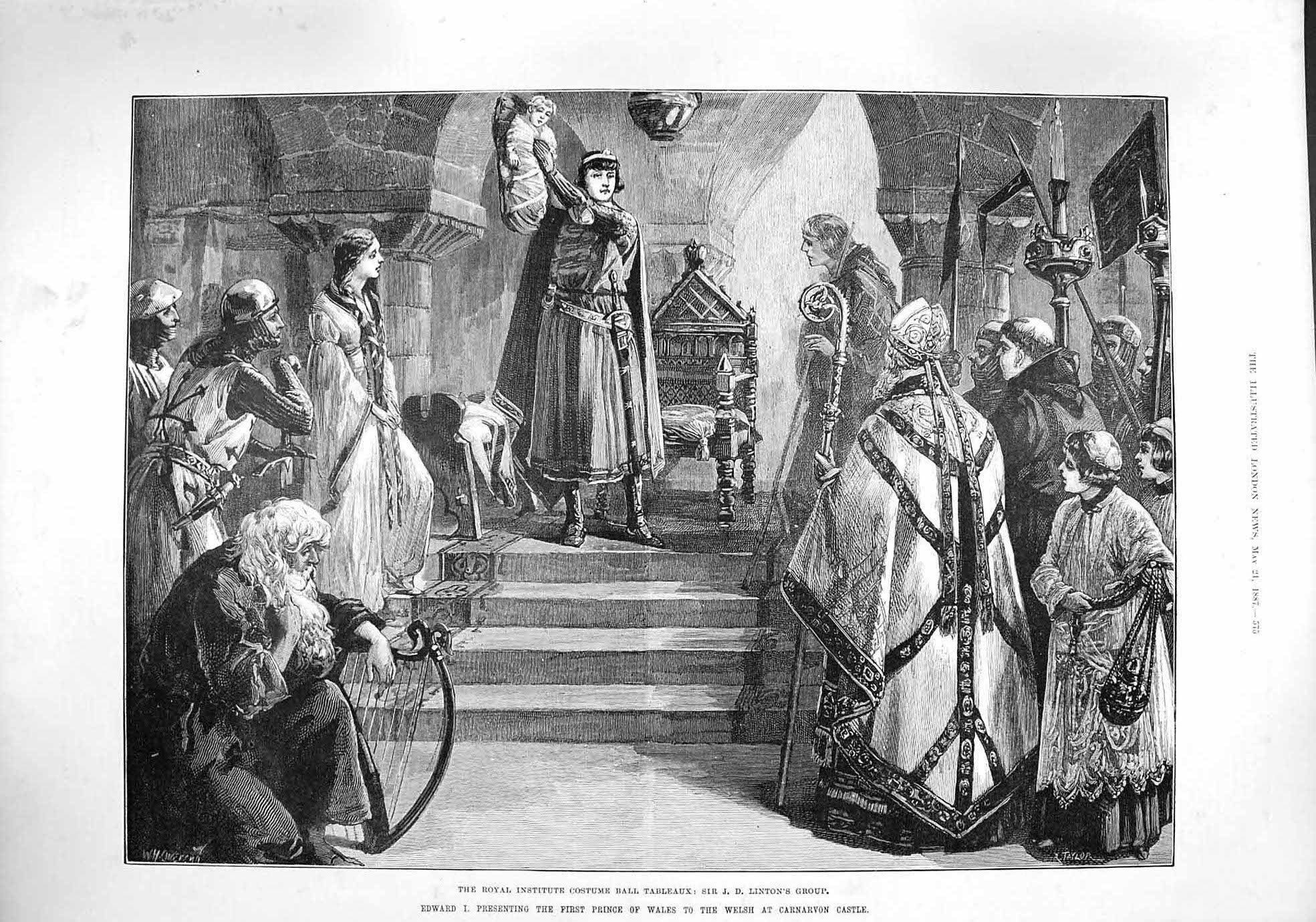 Original Old Antique Print 1887 King Edward I Prince Wales Carnarvon Castle