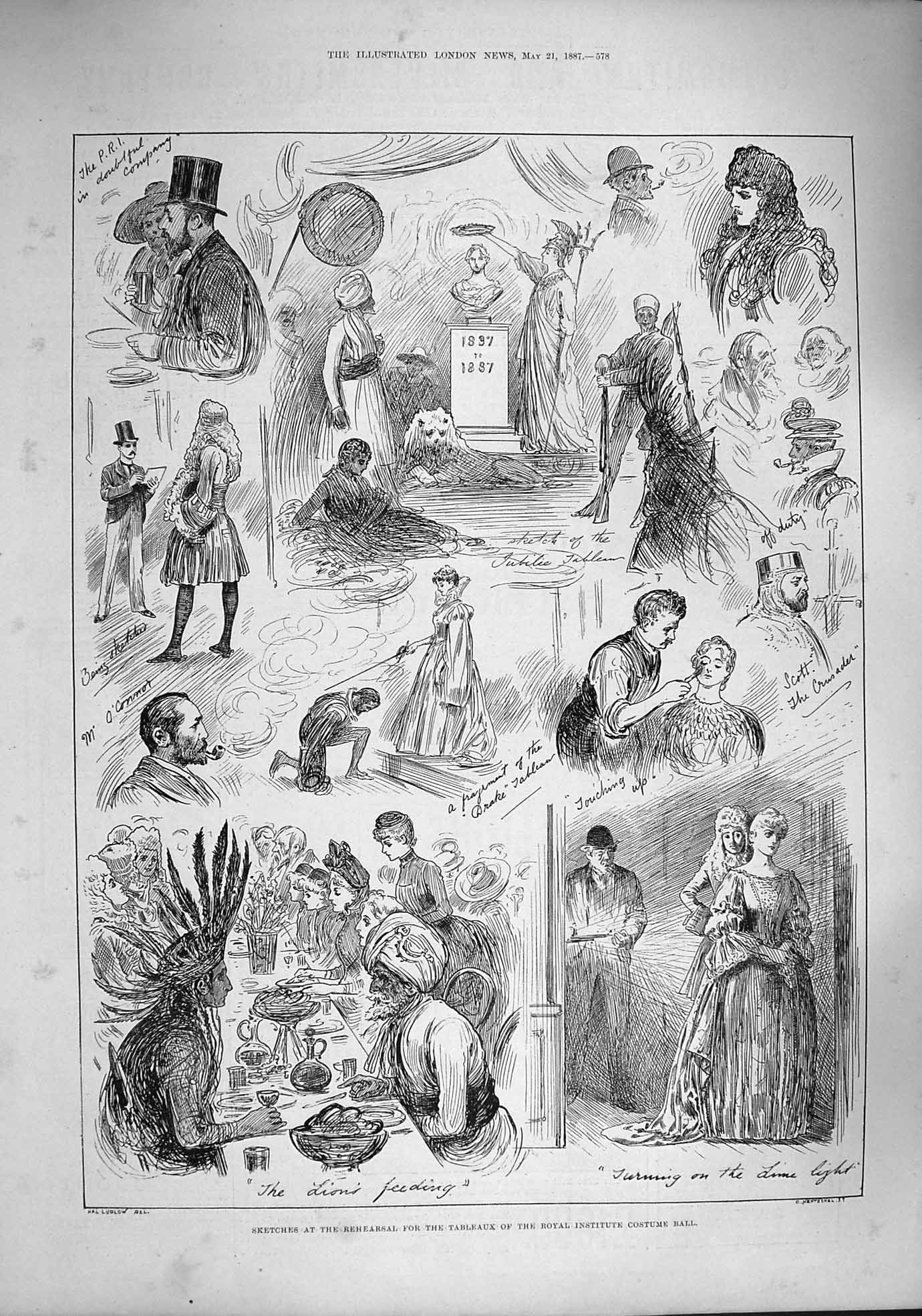 Original Old Antique Print 1887 Rehearsal Tableaux Royal Institute Costume Ball