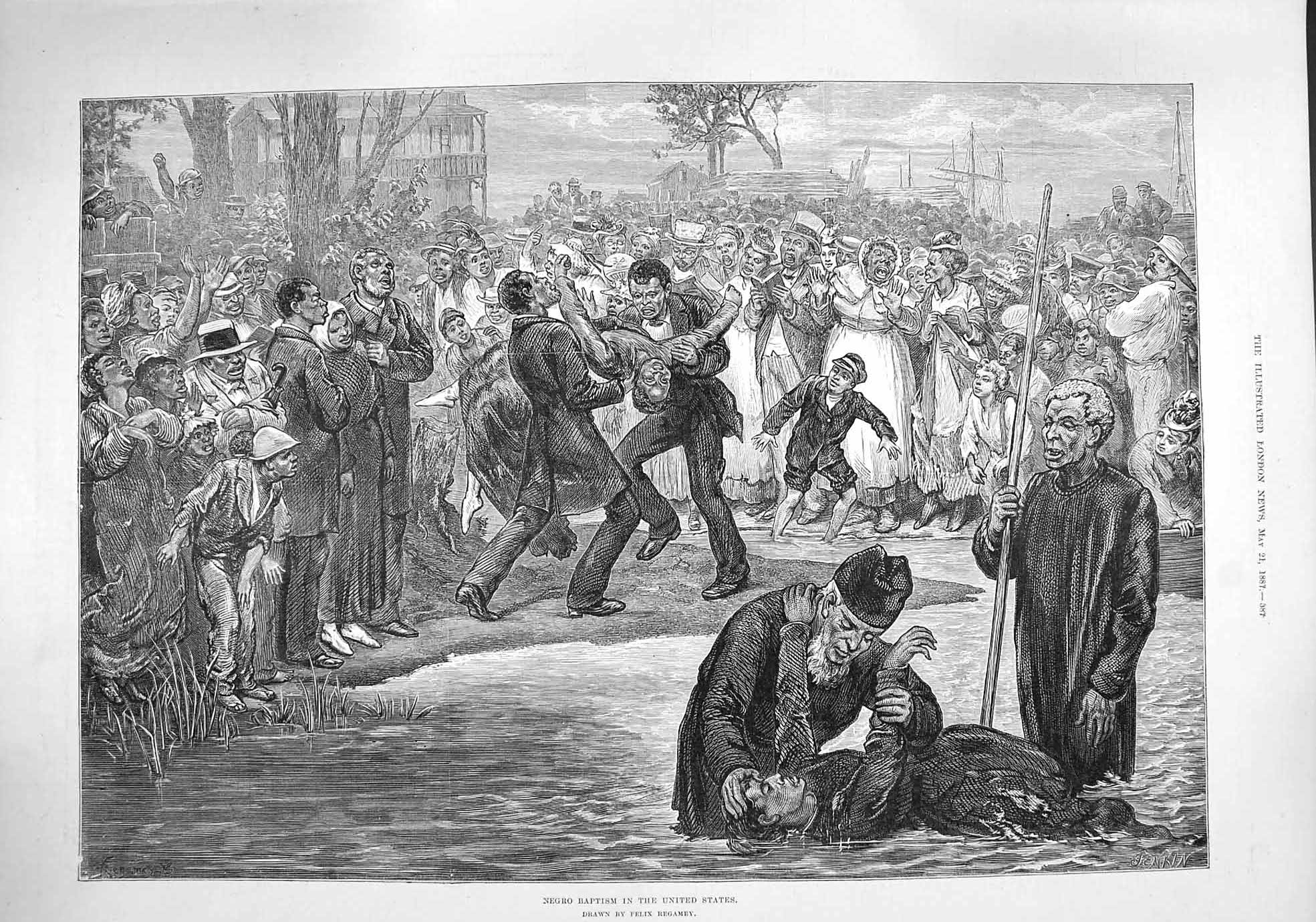 Original Old Antique Print 1887 Negro Baptism United States America Religion