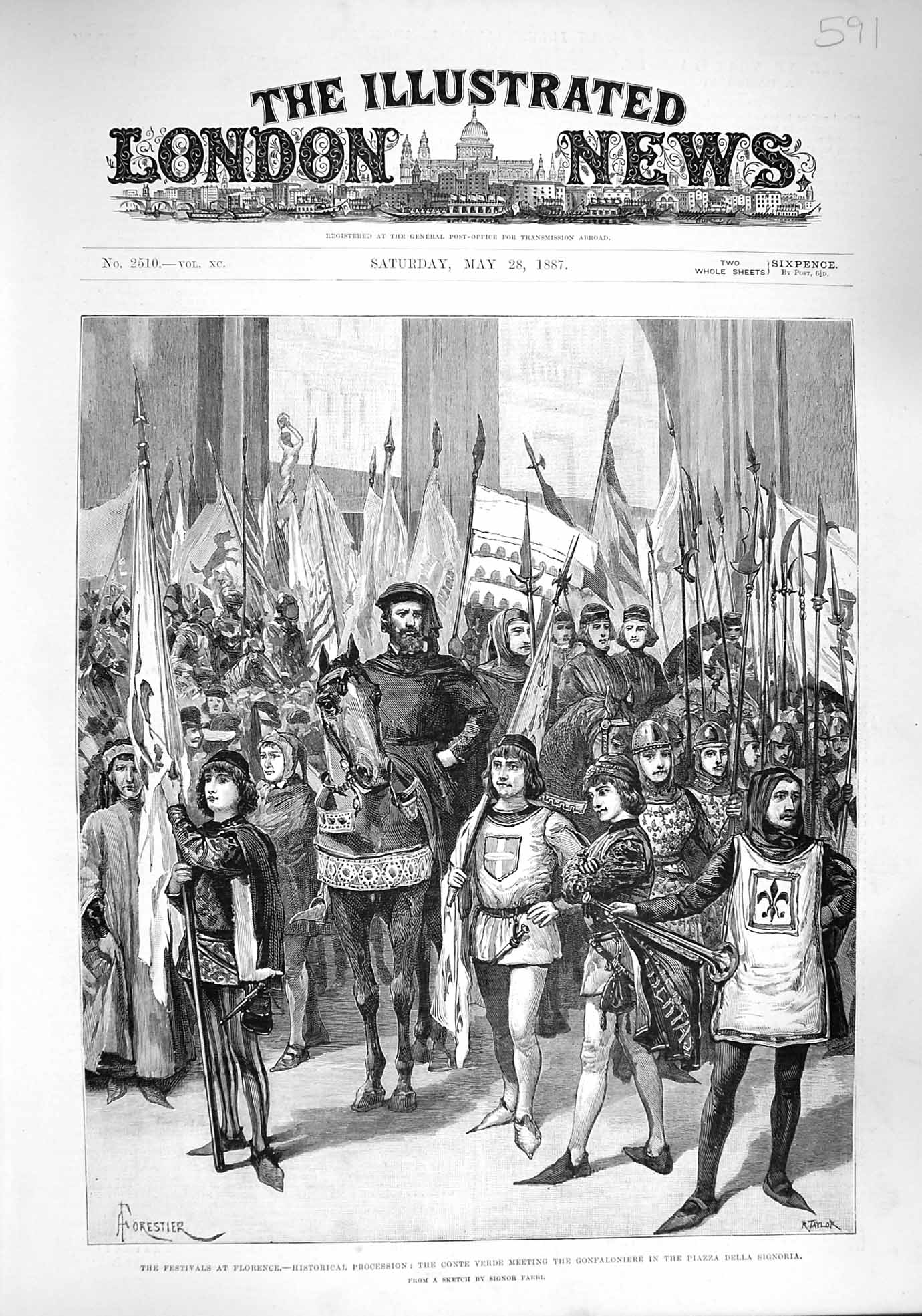 Old Antique Print 1887 Florence Conte Verde Gonfaloniere Piazza Signoria 19th