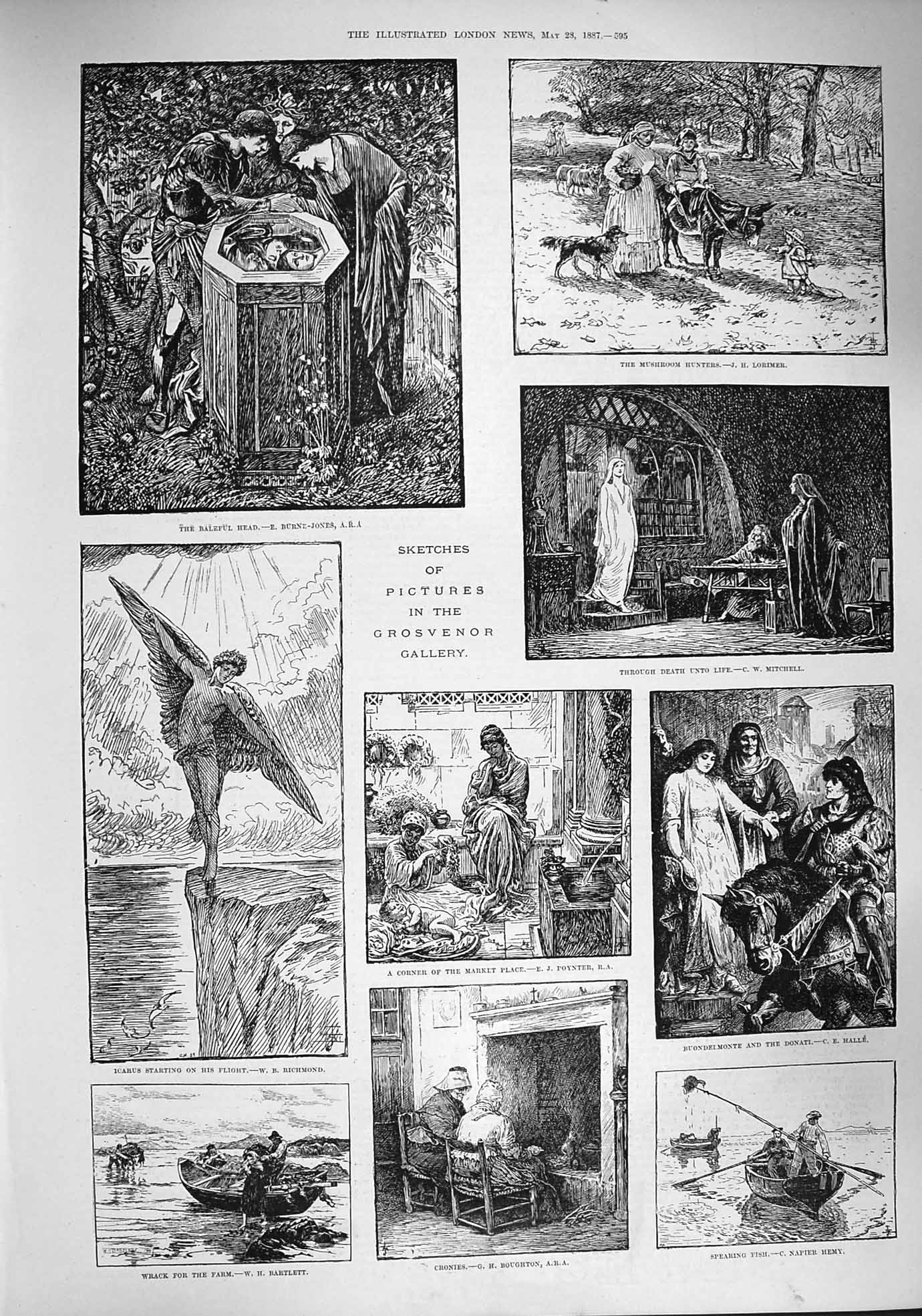 Original Old Antique Print 1887 Grosvenor Gallery Icarus Fishing Boat Mushroom