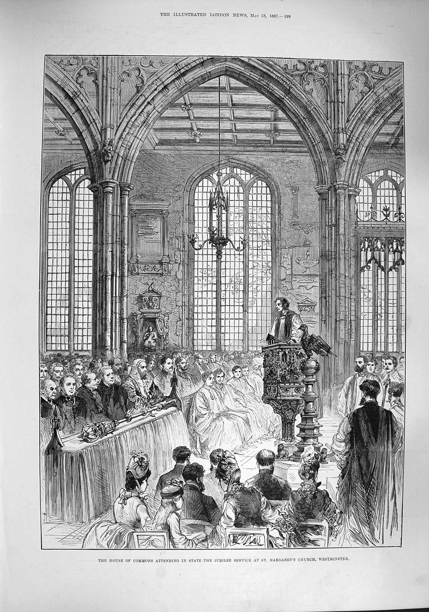 Old Antique Print 1887 House Commons Jubilee Service Church Westminster 19th