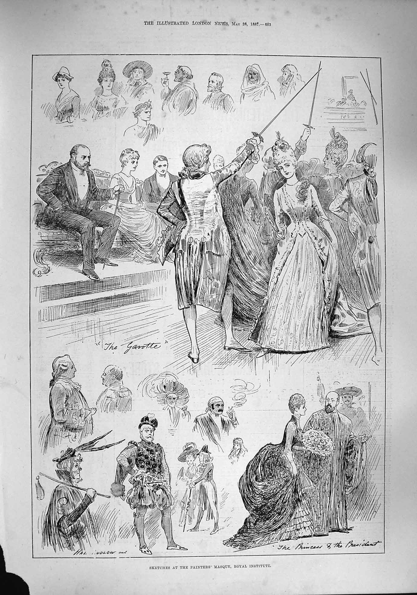 Original Old Antique Print 1887 Painters Masque Royal Institute Costumes Ball