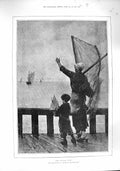 Original Old Antique Print 1887 Sailors Wife Fishing Boat Little Boy Fine Art