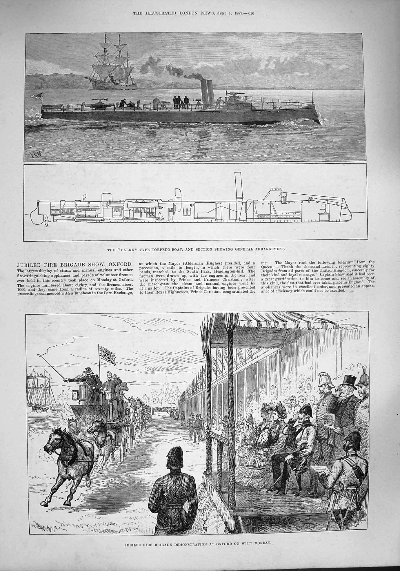 Original Old Antique Print 1887 Falke Torpedo Boat Jubilee Fire Brigade Oxford