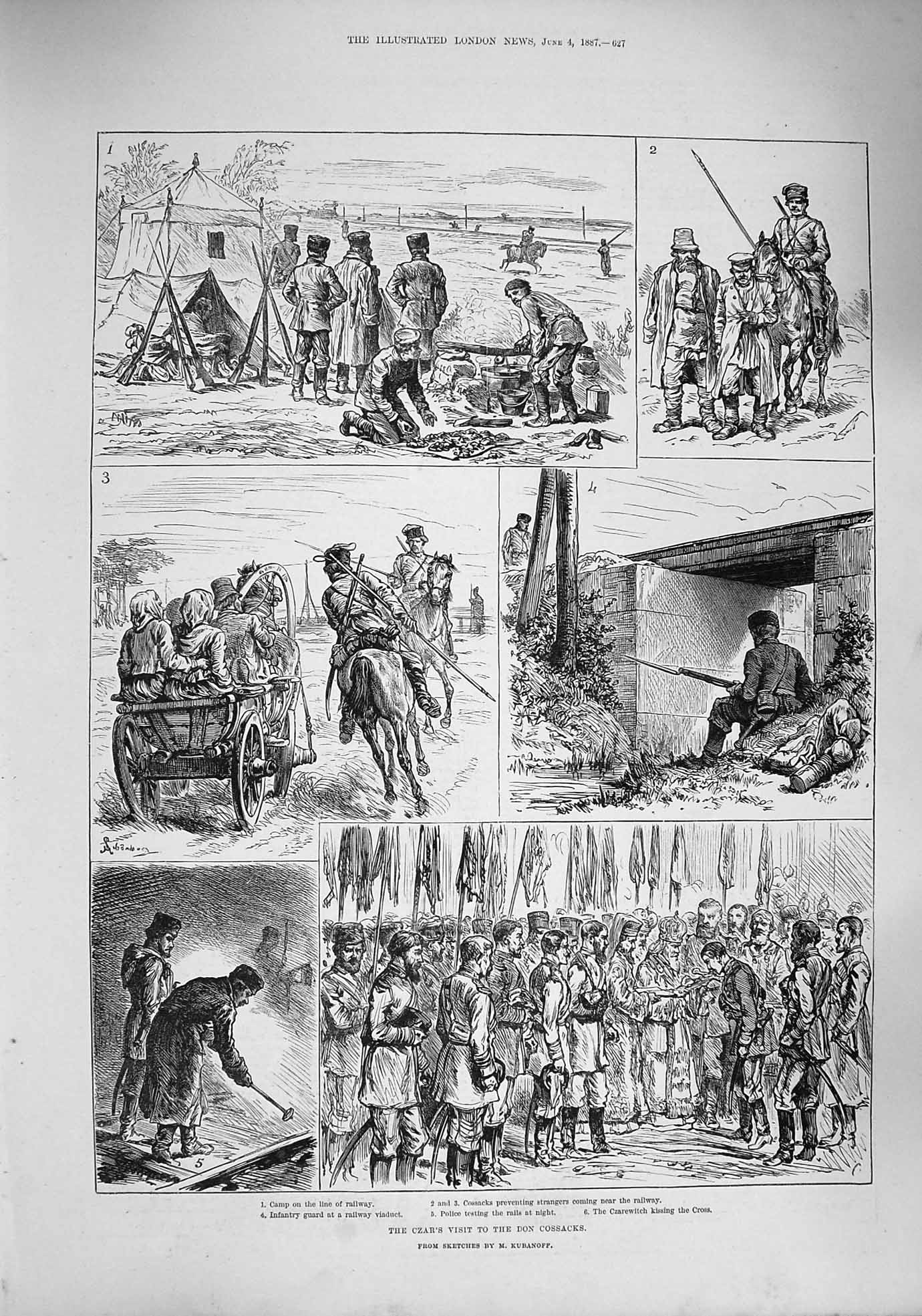 Original Old Antique Print 1887 Czar Don Cossacks Railway Czarewitch Guard 19th